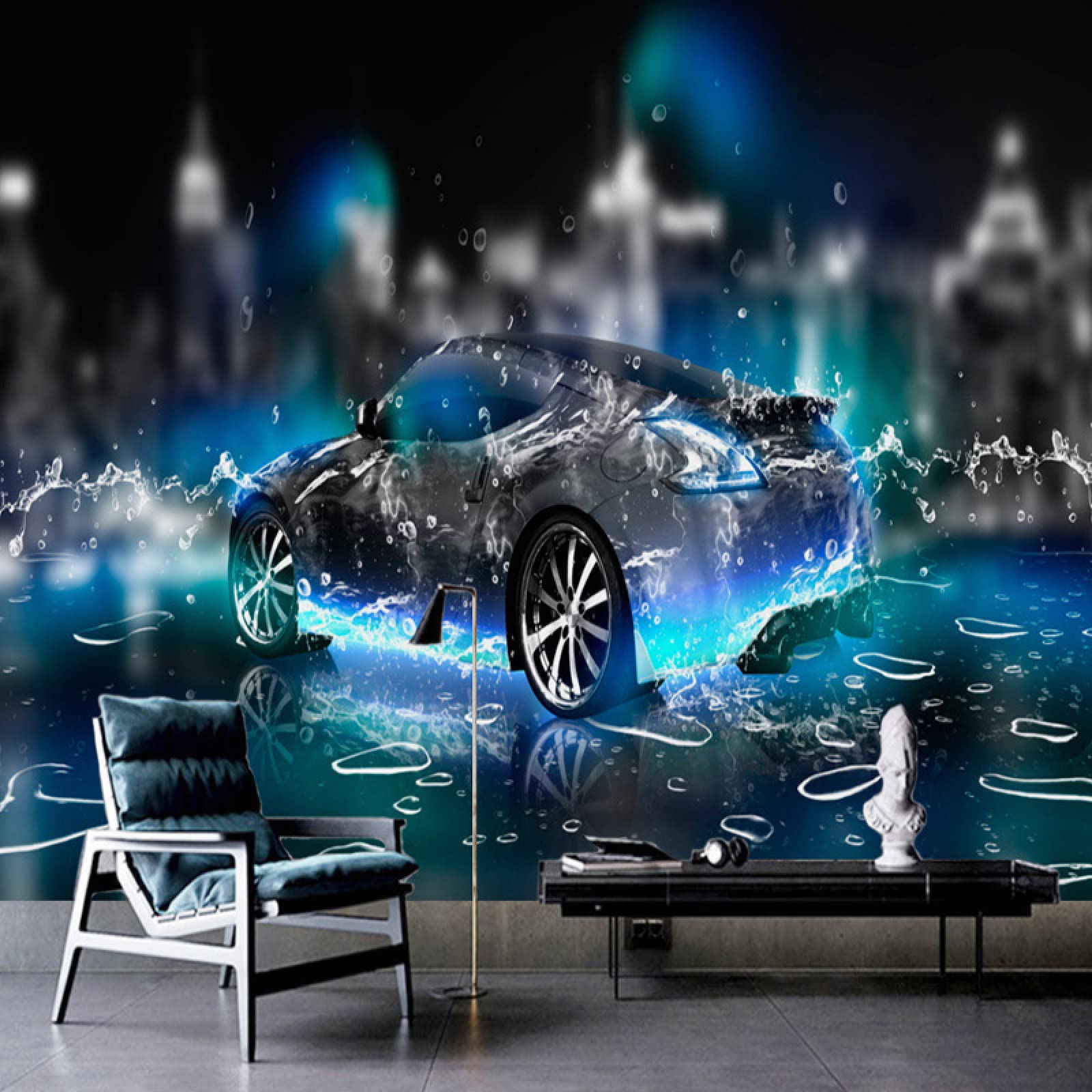 3D Modern Water Droplets Cool Sports Car Wall Mural - 157.5W x 110.3H Inch Photo Wallpaper for Living Room, Kids Bedroom & Nursery - Perfect for Boys' Room Decor, Teenager Bedroom & Game Room Wall Art
