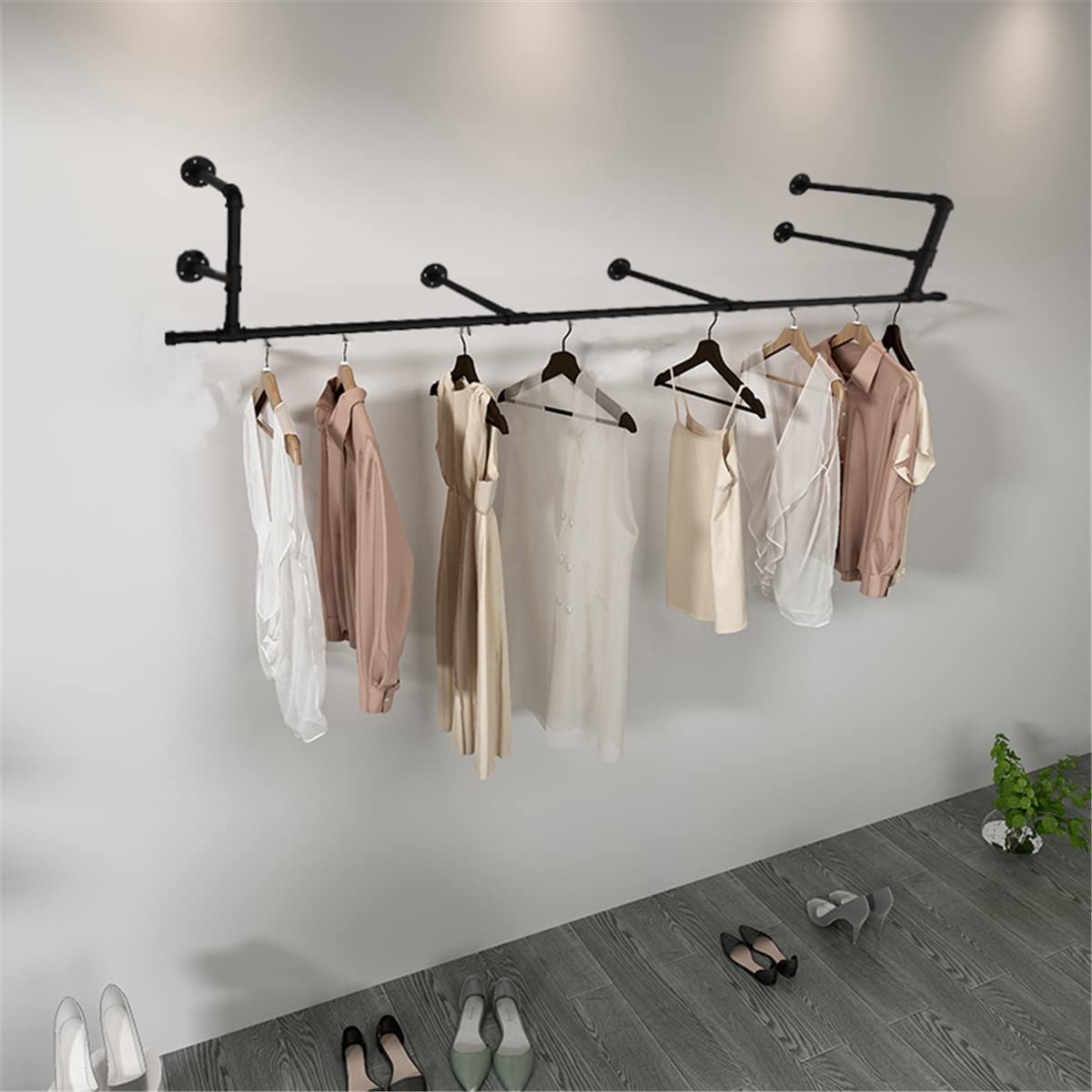 Heavy Duty Industrial Pipe Wall Mounted Garment Rack - 84.6 Inch Detachable Clothes Hanging Rod for Closet, Laundry Room & Retail Display - Multi-Purpose Storage Organization (Black) - Perfect for Small Spaces, Apartment Living & Commercial Use