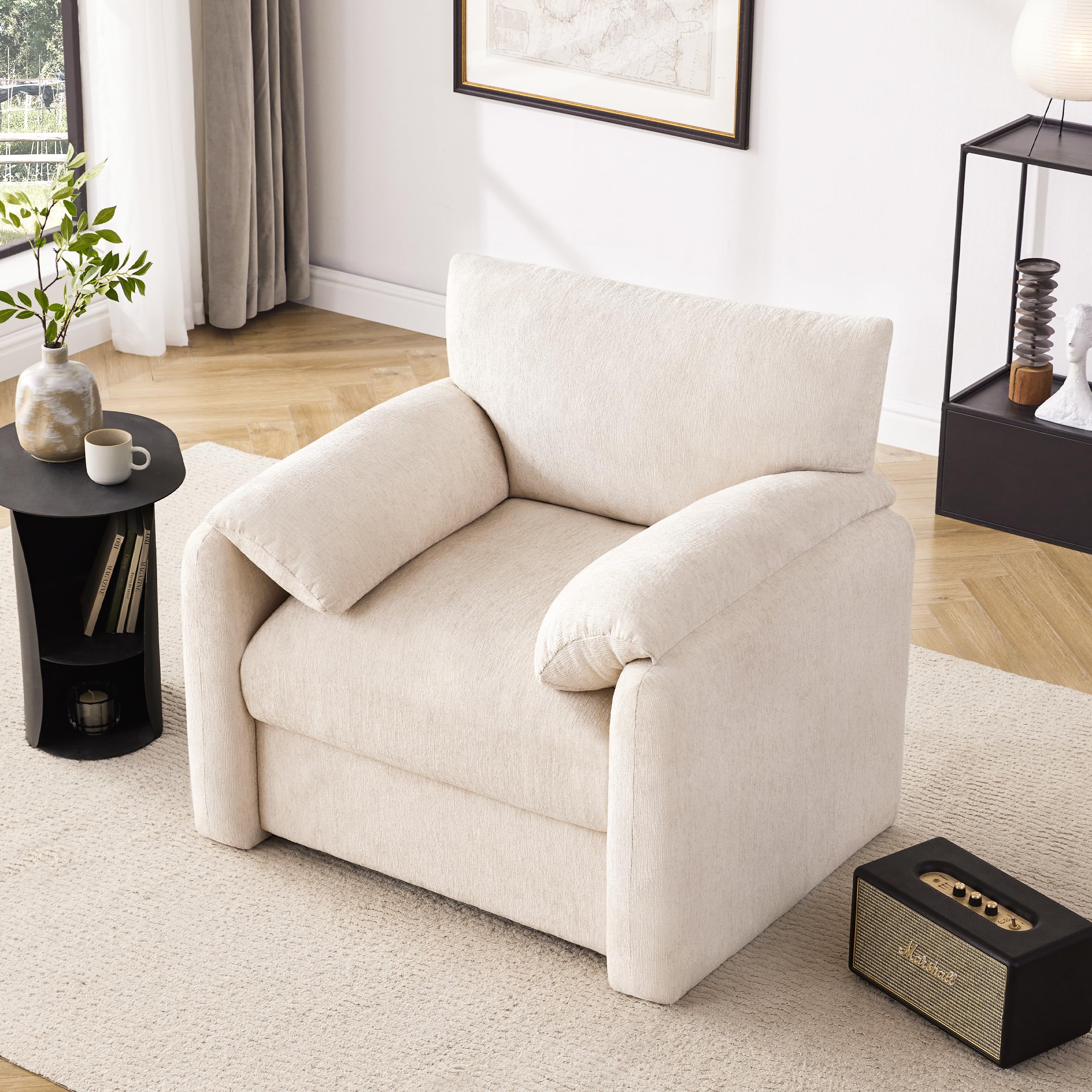 38.6'' Wide Chenille Oversized Accent Chair - Modern Mid-Century Upholstered Armchair for Living Room & Bedroom - Comfy Reading Chair & Single Sofa - Perfect for Relaxing, Reading & Home Decor (Beige, 1 Pack)