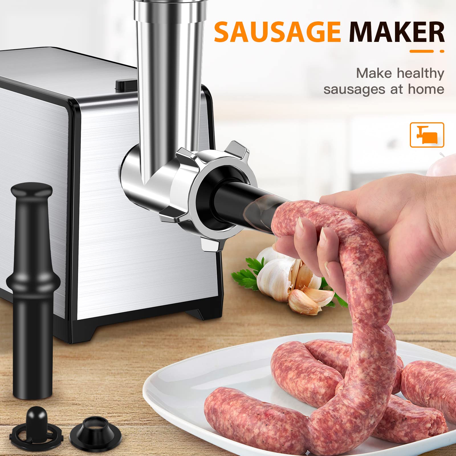 2500W Electric Meat Grinder & Sausage Stuffer - Heavy Duty Stainless Steel Food Processor with Sausage Tubes & Kubbe Maker - Perfect for Home Kitchen, Butcher Shop & Commercial Use - Make Burgers, Sausages & Ground Meat Easily