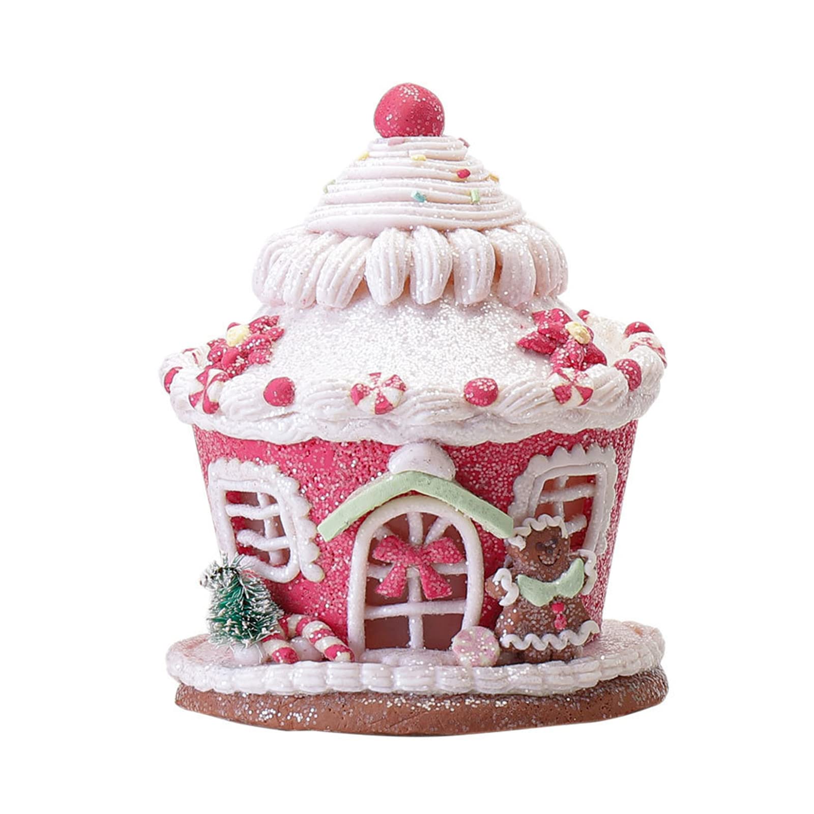 LED Lighted Christmas Gingerbread House Ornaments - Pink Candy House Decor with Lights for Holiday Tree, Mantel & Tabletop - Festive Indoor Room Decoration for Xmas Party & Home Décor