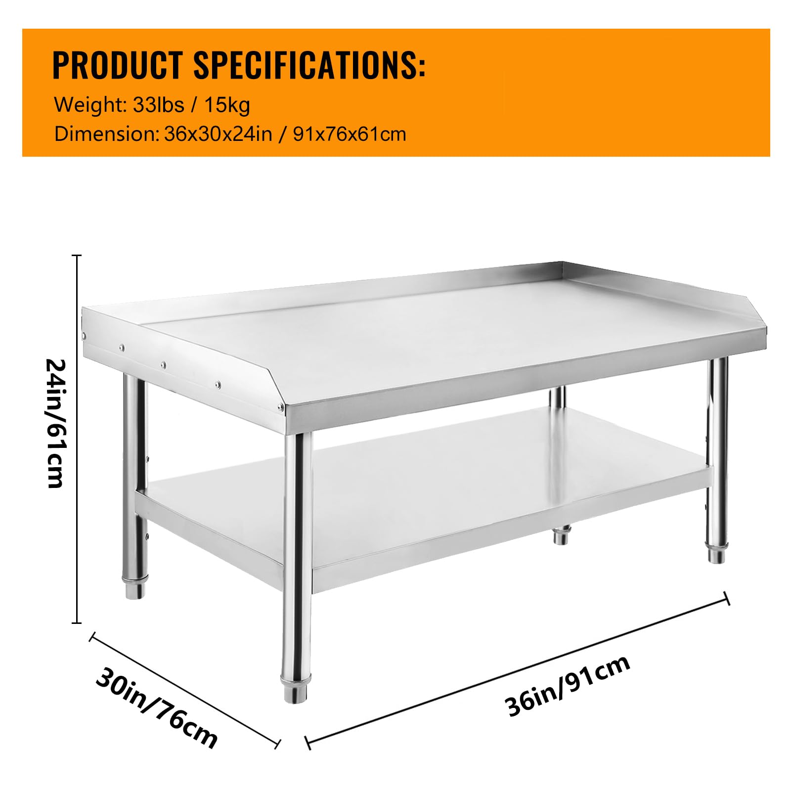 Heavy Duty Stainless Steel 36x30x24 inch Commercial Grill Stand Table - 1000 lbs Capacity Top Shelf, 220 lbs Bottom Shelf, Adjustable Legs with 2