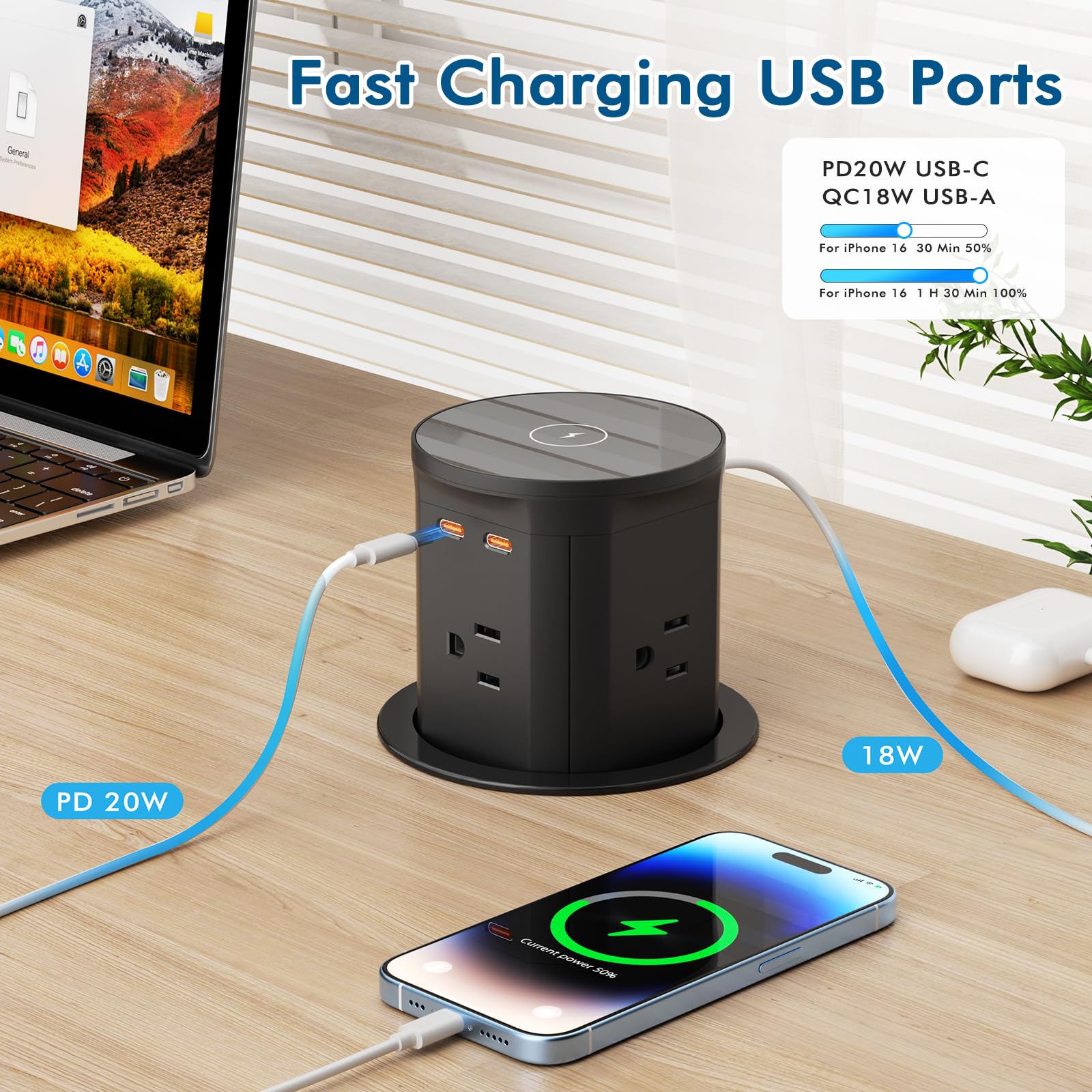 BTU Pop Up Outlet with 15W Wireless Charger & 20W USB-C Fast Charging | 4 AC Outlets | Kitchen Countertop & Desk Charging Station (3 3/8