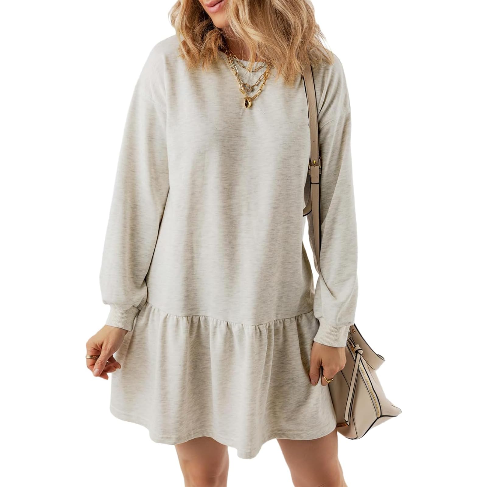 Women's Long Sleeve Crewneck Sweatshirt Dress - Fall Babydoll Pullover with Flowy Ruffled Hem | Casual Mini Dress for Date Night, Weekend Outfits & Layering