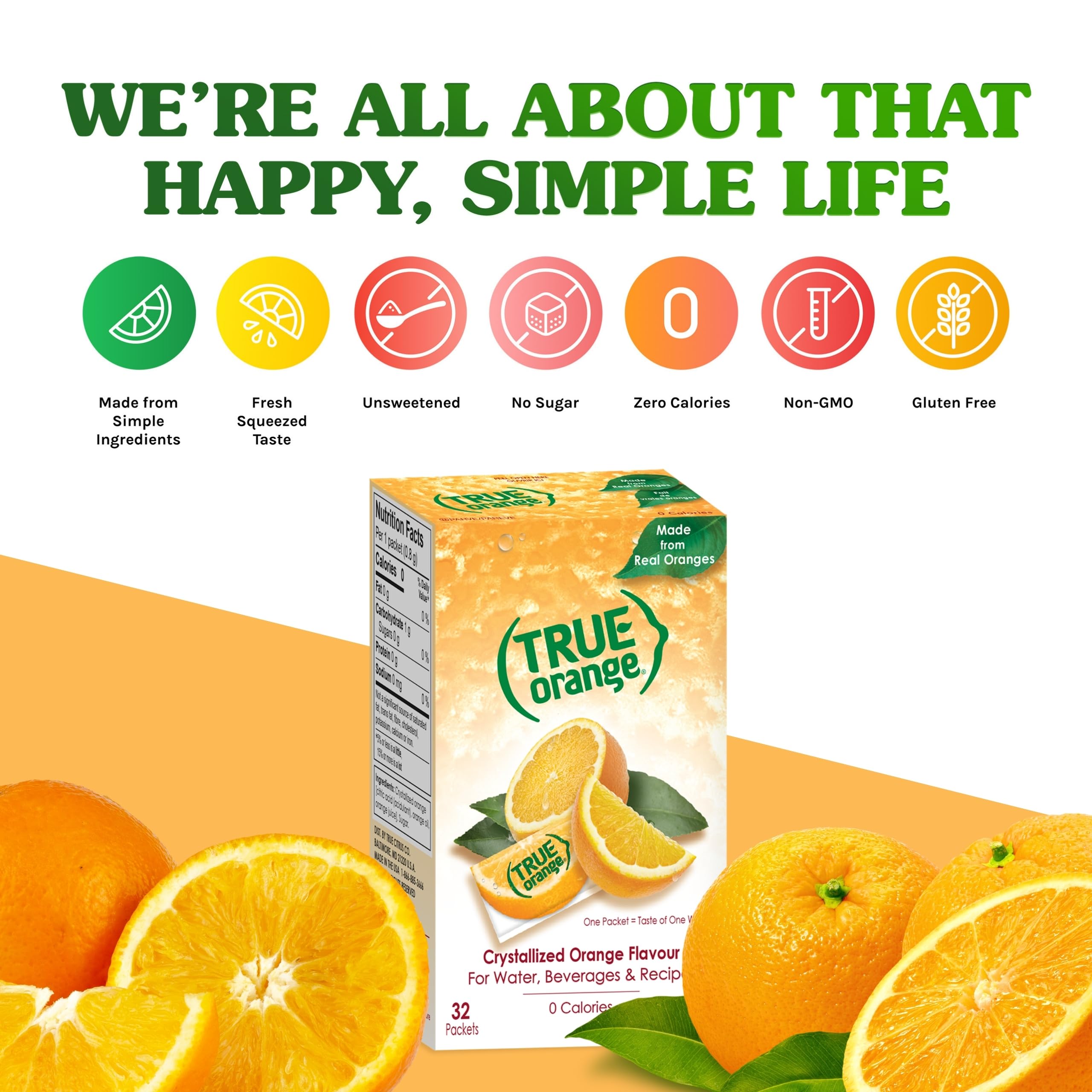 TRUE ORANGE Water Enhancer (32 Packets) | Zero Calorie, Sugar Free Natural Orange Flavoring | Made with Real Oranges for Water, Bottled Water, Iced Tea & Recipes | Perfect for Hydration, Weight Loss & Healthy Lifestyle
