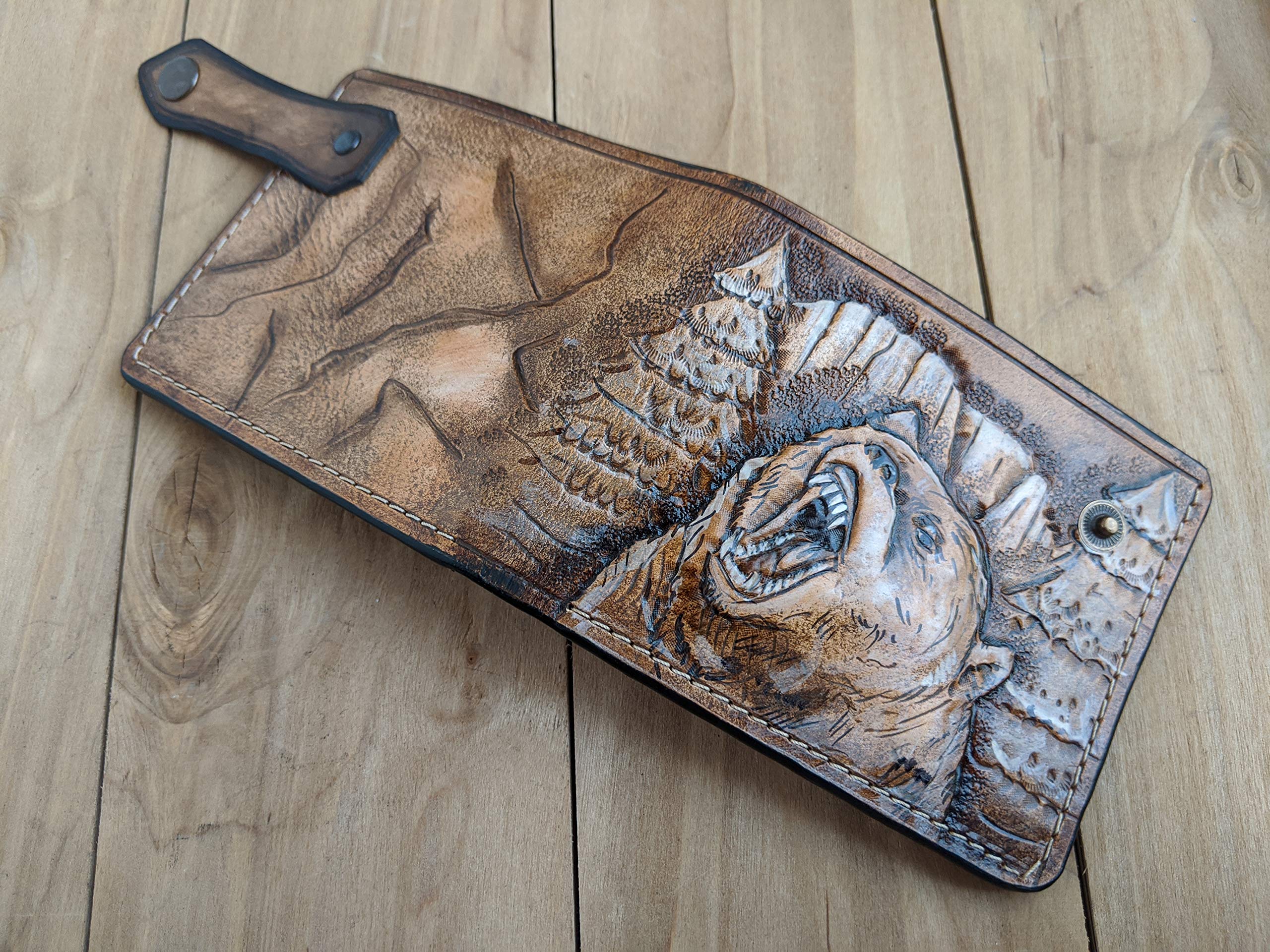 Grizzly Bear Forest Hunter Hunting Mens 3D Genuine Leather Bifold Wallet - Handmade Carved Tooled Airbrush Art Custom Personalized Gift for Outdoorsmen (Camping, Hiking, Fishing)