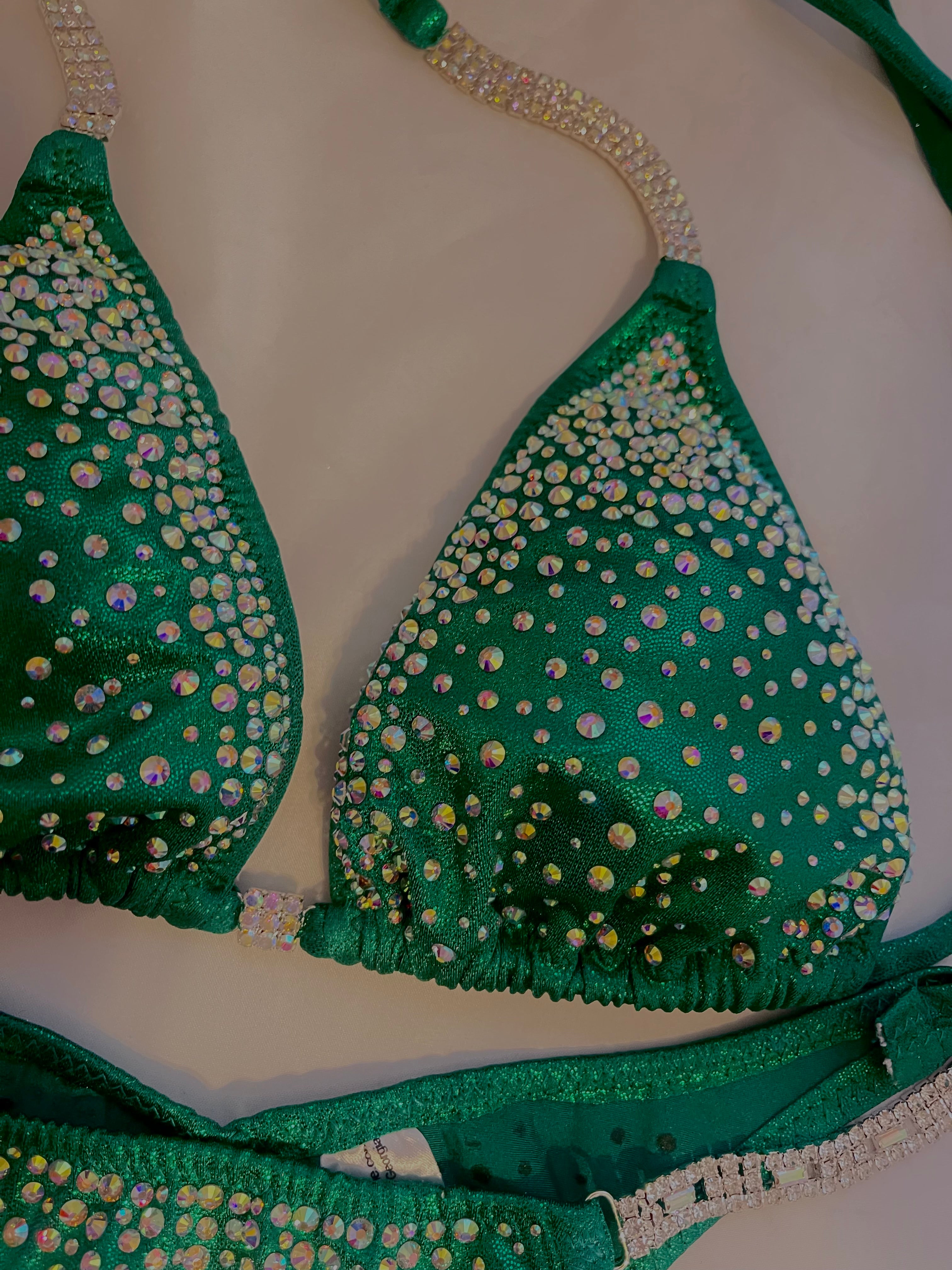 Stunning Emerald Green Bikini Competition Suit with Rhinestone Burst - Perfect for Pageants, Bodybuilding Shows & Swimwear Contests