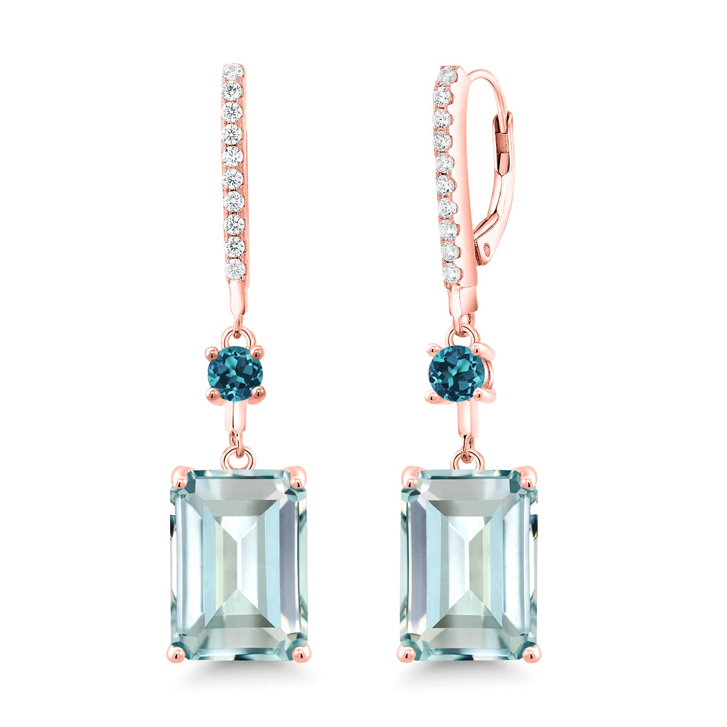 14.24 Ct Sky Blue Simulated Aquamarine & London Blue Topaz 18K Rose Gold Plated Silver Earrings for Women | Gem Stone King | Elegant Jewelry Gift for Birthday, Anniversary & Special Occasions