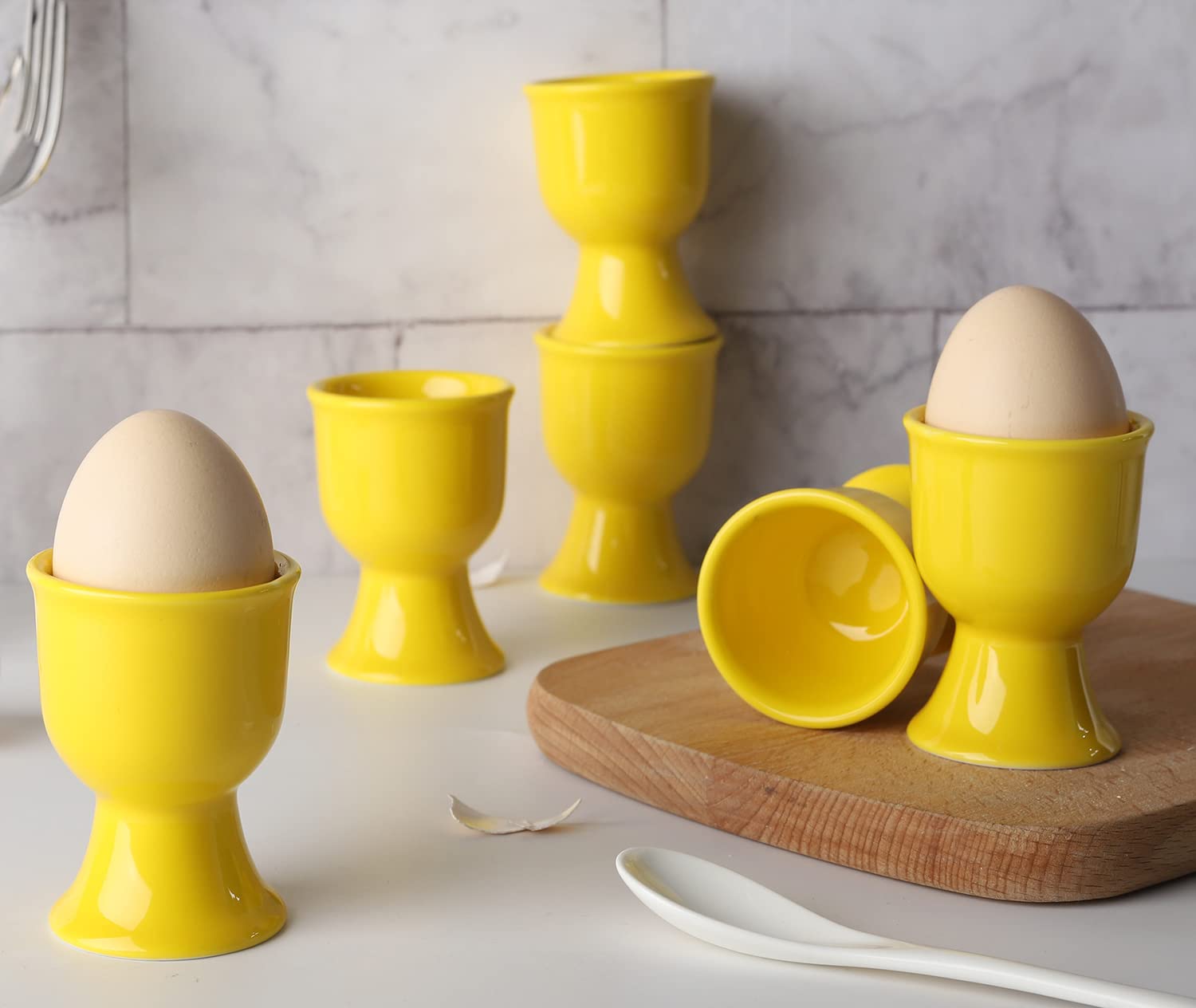6-Piece Ceramic Egg Cup Set - Porcelain Egg Stand Holders for Soft & Hard Boiled Eggs - Perfect for Breakfast, Brunch & Kitchen Decor (Yellow)
