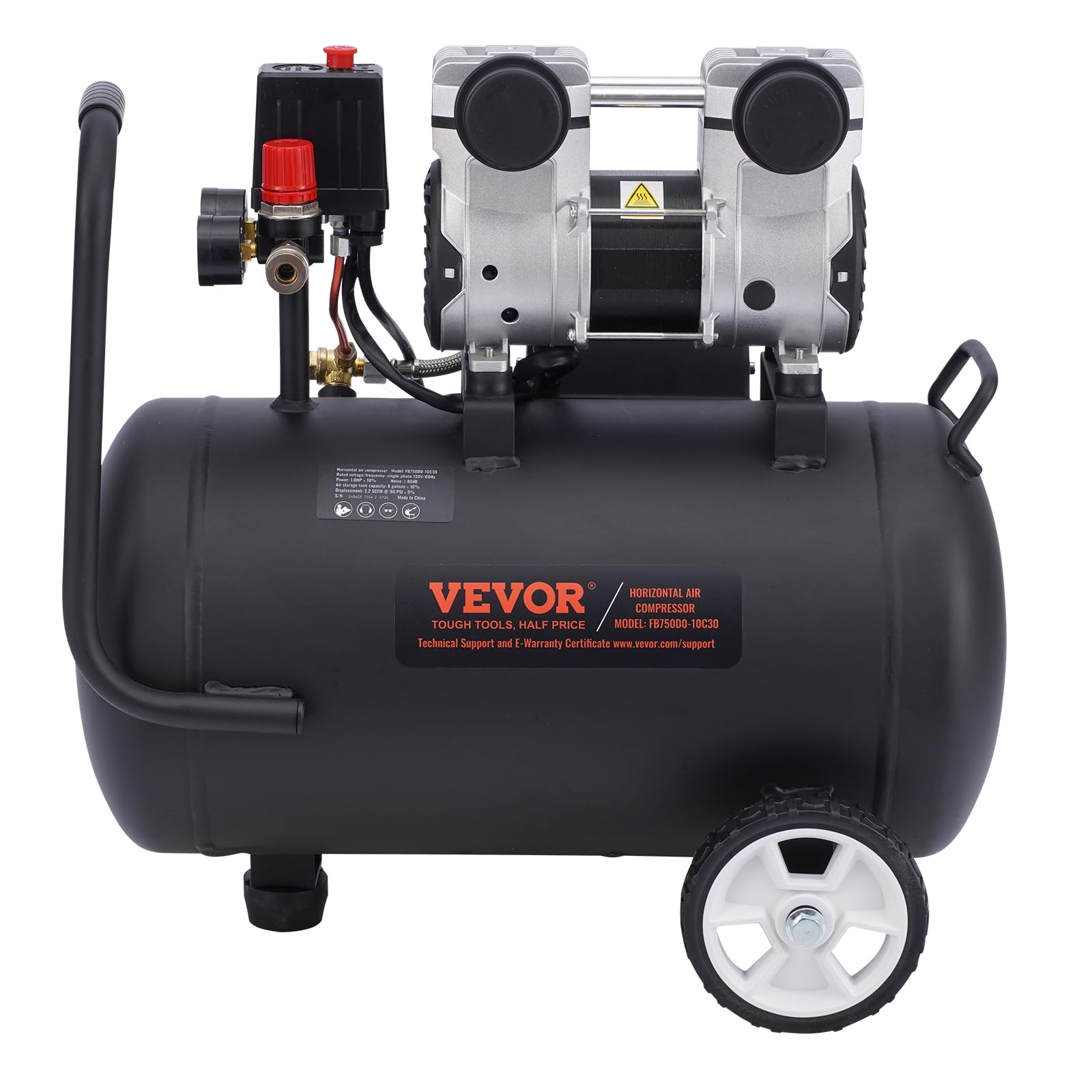 VEVOR 8 Gallon Steel Tank Air Compressor, 1HP 2.2 CFM@90 PSI Oil-Free, 120PSI Max Pressure, 80dB Ultra Quiet Portable Compressor for Auto Repair, Tire Inflation, Spray Painting - Ideal for Home Garage, DIY Projects, and Professional Workshops