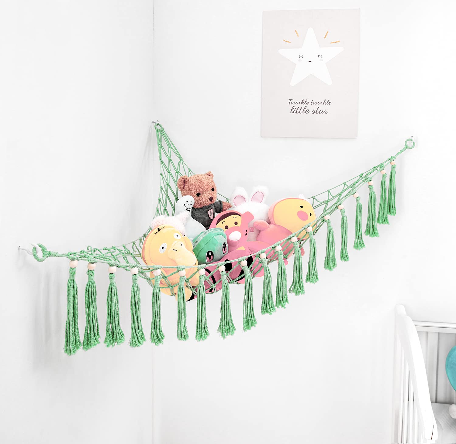 MAKEONEWO Large Macrame Stuffed Animal Toy Hammock - Handmade Boho Plush Toy Organizer & Storage Net for Nursery, Playroom, Bedroom, Kids Room - Green - Perfect for Displaying Stuffed Animals & Keeping Rooms Tidy