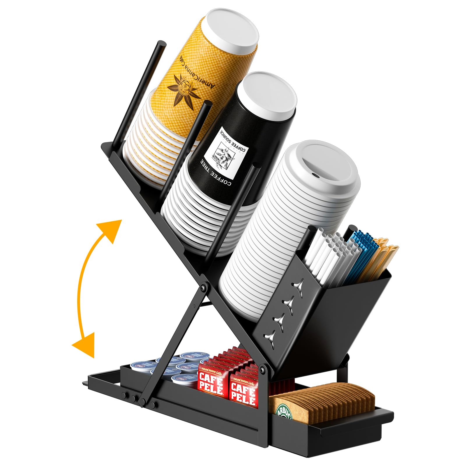 RCHYFEED Metal Coffee Cup and Lid Holder with Straw Organizer - Countertop Coffee Station Dispenser for Disposable Paper Cups, Plastic Cups & Lids - Perfect for Coffee Bars, Offices, and Home Kitchens
