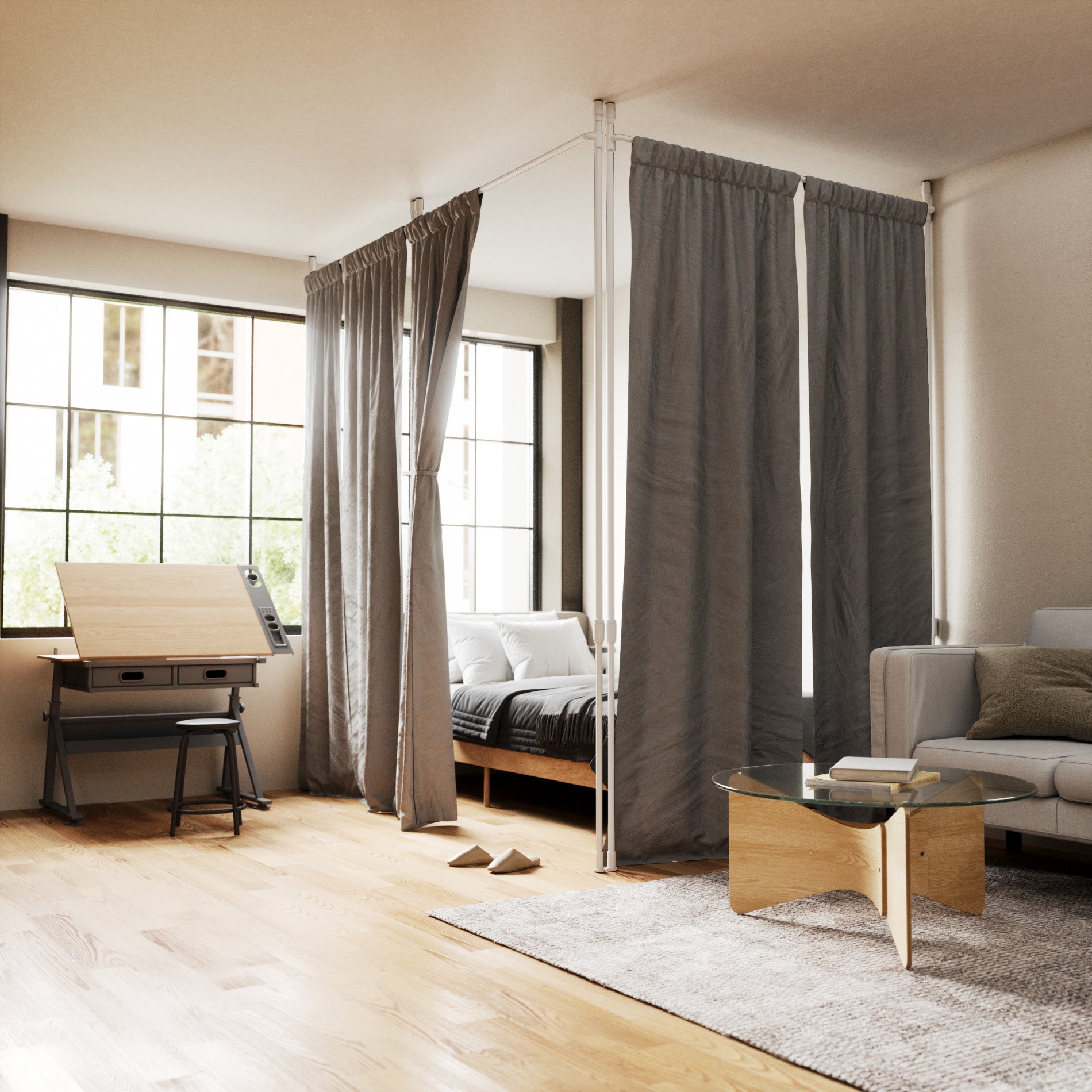 Adjustable Anywhere Tension Curtain Rod & Room Divider - No Drilling Needed for Windows, Doors, Closets - Perfect for Home, Office, Dorm Room Organization