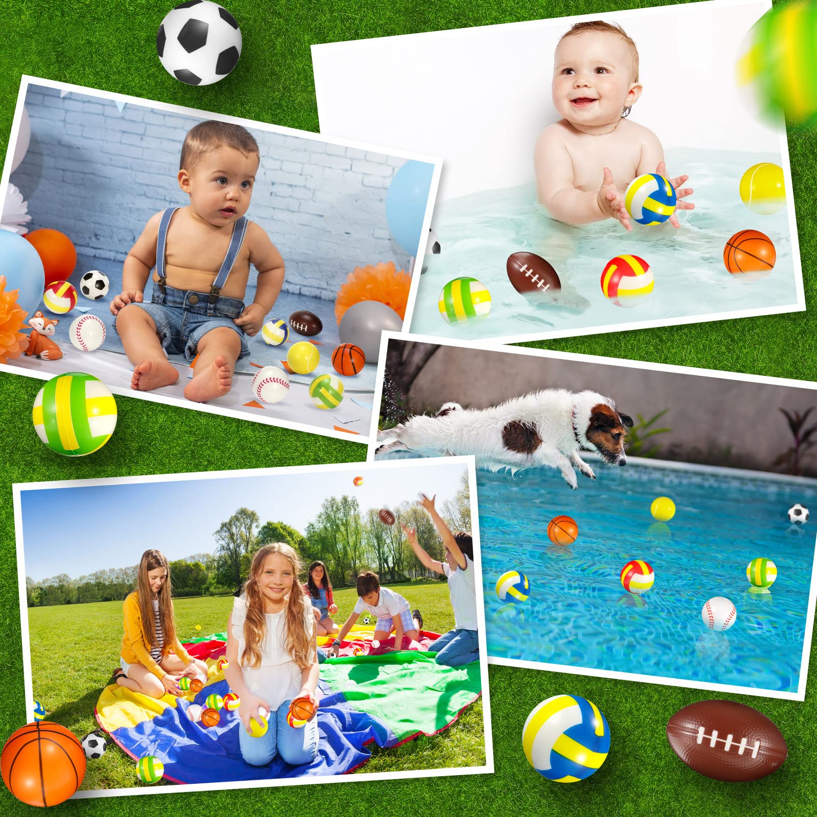 96 Pack 2.5 Inch Mini Foam Sports Stress Balls - Basketball, Football, Baseball, Soccer, Tennis, Volleyball with Storage Bag - Perfect for Pool Party, Beach Games, Birthday Favors, Classroom Rewards & Stress Relief Toys