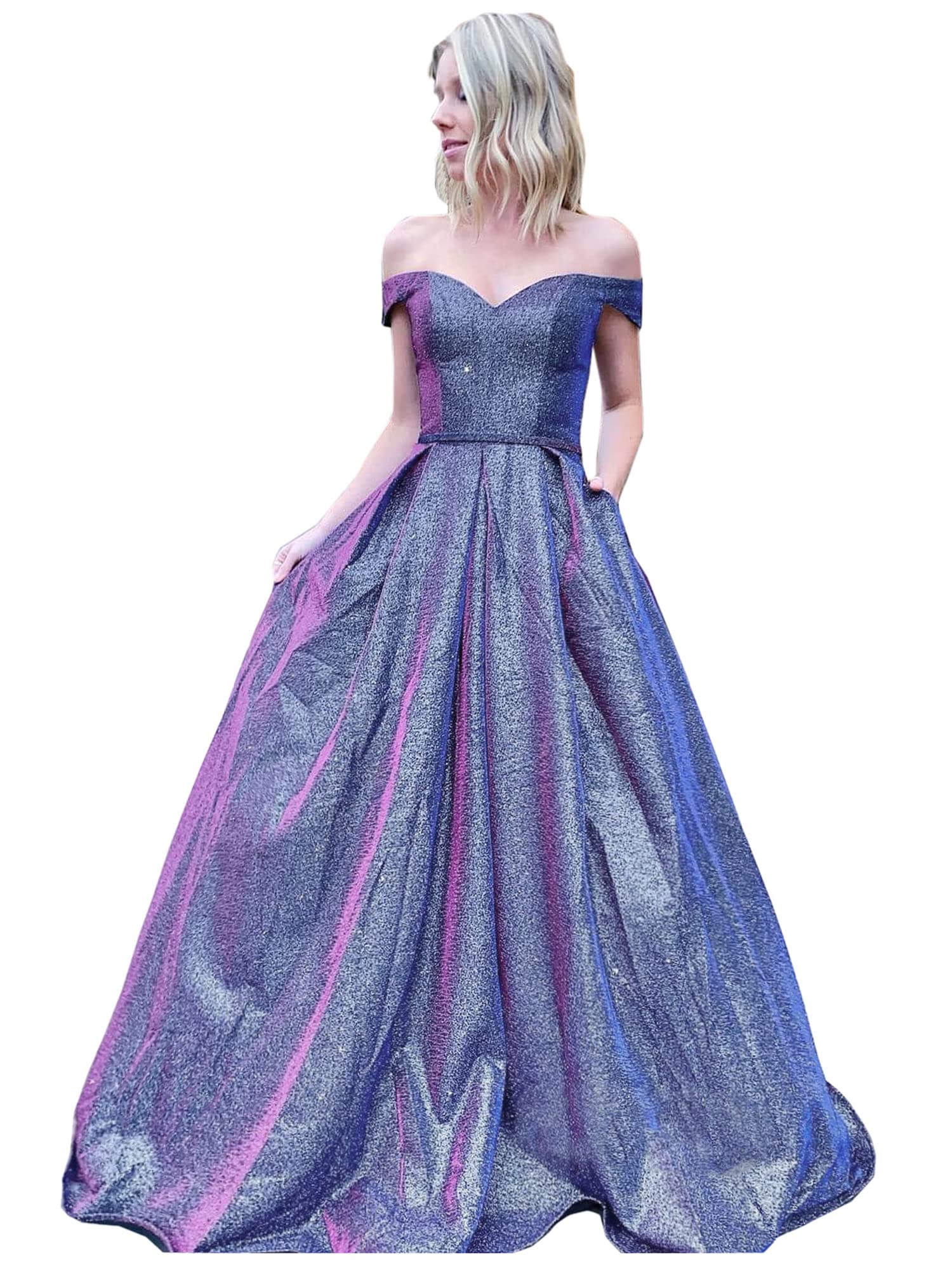 Elegant Off-the-Shoulder Glitter Prom Dress for Women - Formal Evening Gown with Pockets | Perfect for Homecoming, Wedding Guest & Cocktail Party