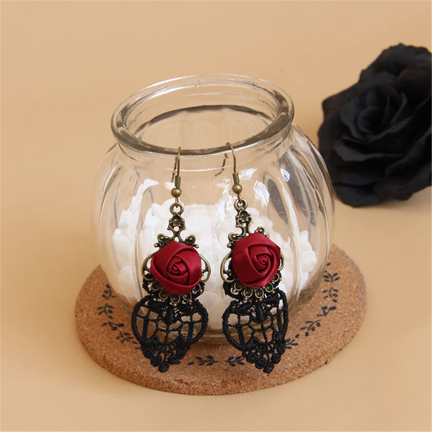 Handmade Vintage Red Rose Dangle Earrings for Women - Lightweight Punk Statement Jewelry, Personalized Retro Fabric Flower Hook Earrings - Perfect for Parties, Weddings & Boho Fashion