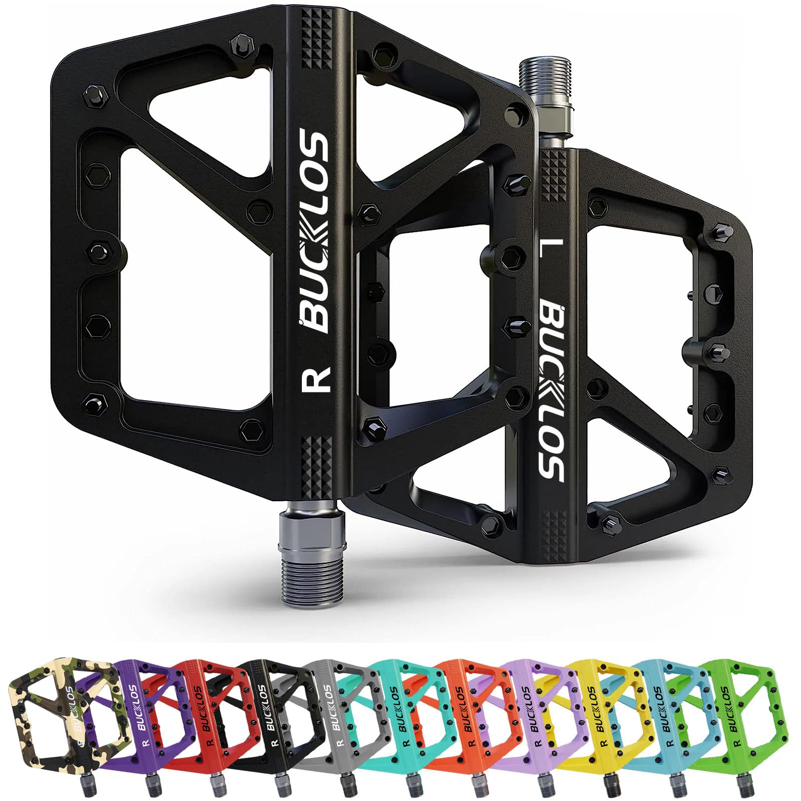 BUCKLOS MTB Pedals - Non-Slip Large Platform Mountain Bike Pedals for Adults, 9/16