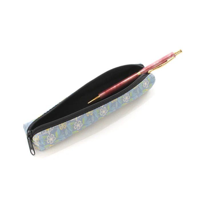 Nishijin Woven Pencil Case - Traditional Japanese Craft from Kyoto | Blue Grey Design with Marrying Mice Cut Paper Pattern | Perfect for School, Office & Gift Giving