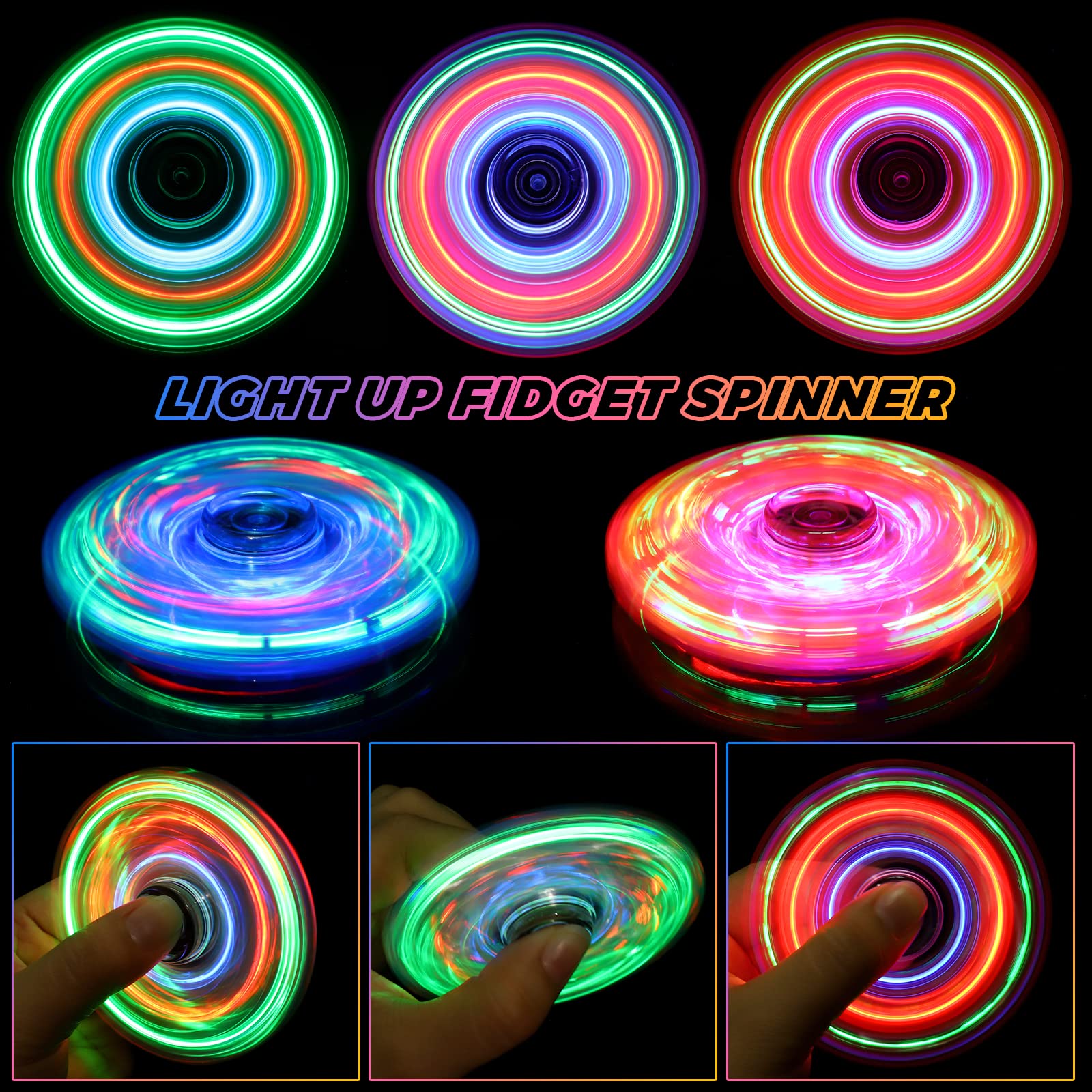 Gigilli 8 Pack LED Fidget Spinners for Kids & Adults - Light Up Sensory Toys for Stress Relief, Party Favors, Classroom Prizes - Glow in The Dark Anxiety Relief Toys for Ages 8-12 - Perfect for Birthday Parties, Easter Baskets, and School Goodie Bags