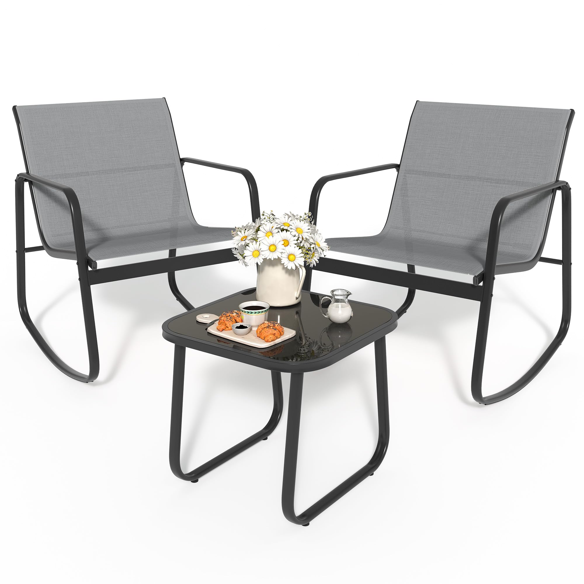 YITAHOME 3-Piece Patio Furniture Set - Small Outdoor Conversation Set with Textilene Fabric Bistro Rocking Chairs & Glass Table for Balcony, Backyard, Lawn, Porch, Garden, Poolside (Grey) - Perfect for Relaxing, Entertaining & Outdoor Dining