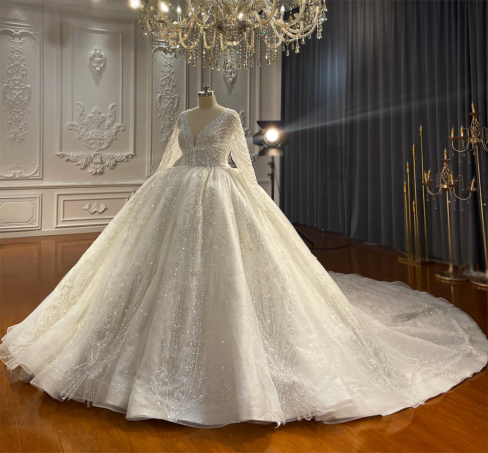 Elegant Long Sleeve V-Neck Wedding Dress NS4353 | Perfect for Church, Beach & Formal Weddings