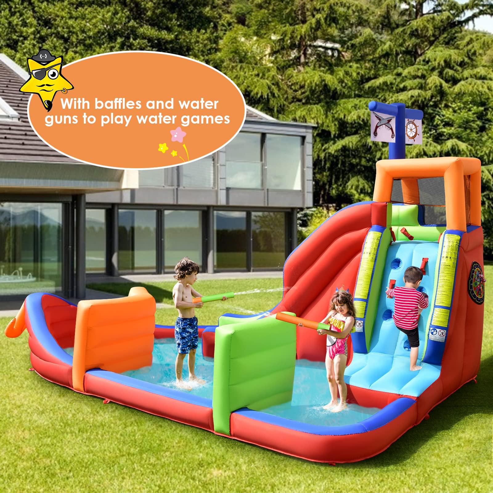 BOUNTECH Inflatable Water Slide - Pirate Ship Theme Backyard Water Park for Kids & Adults with 735W Blower, Splash Pool & Dart Game | Perfect for Birthday Parties, Summer Fun, and Outdoor Family Gatherings