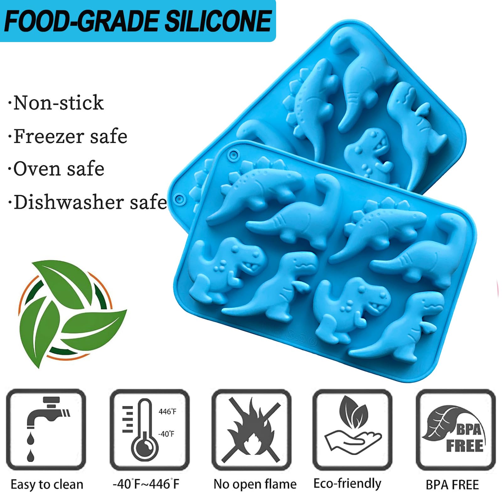 2 Pack Blue Silicone Dinosaur Molds - 3D Dinosaur Jello, Chocolate, Candy, Cookie & Soap Molds for Baking, Crayons, Desserts, Cupcake Toppers & Cake Decorations - Perfect for Kids Birthday Parties, DIY Crafts & Holiday Treats