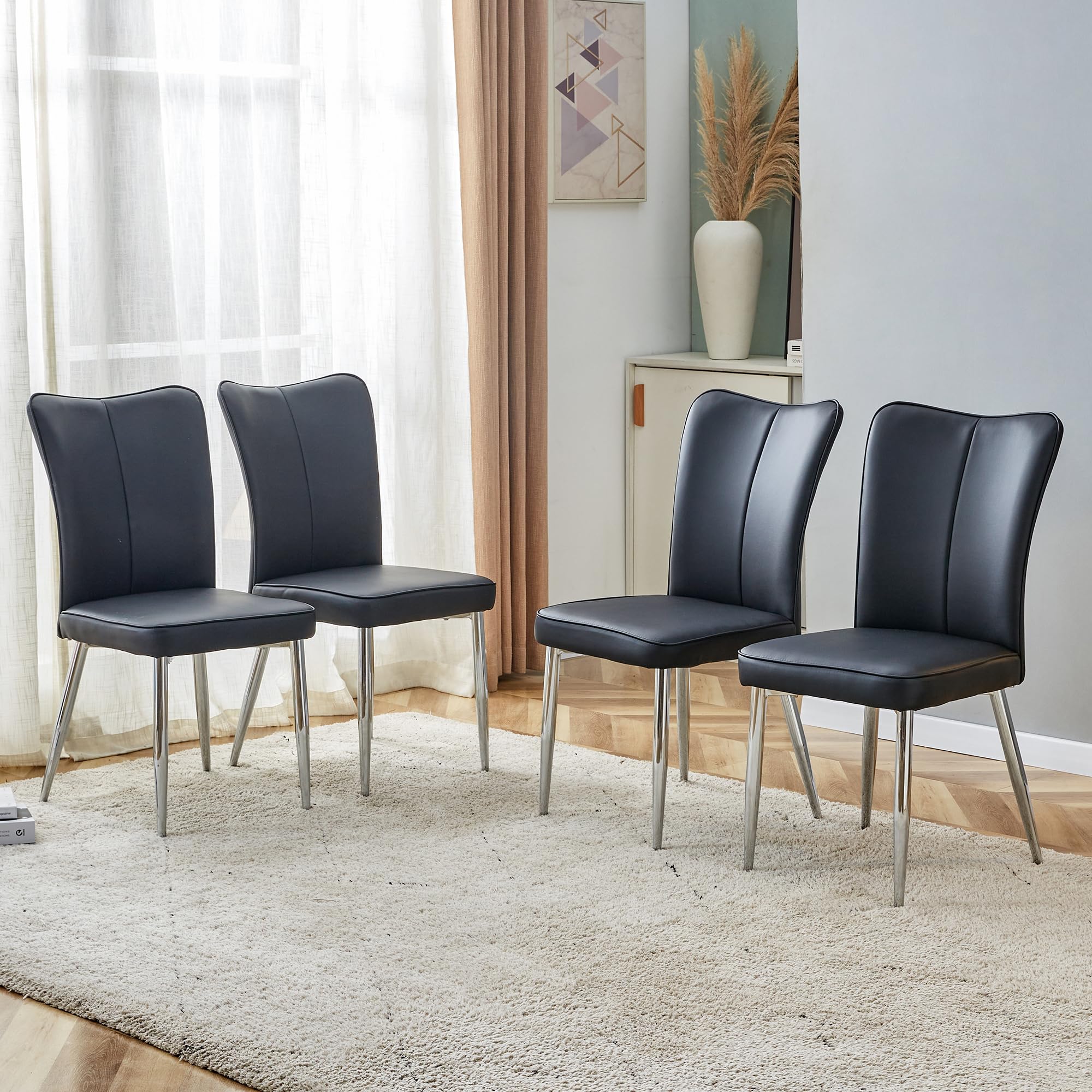 Betoko Mid Century Modern Dining Chairs Set of 4 - PU Cushioned Upholstered Kitchen Chairs with Sturdy Metal Legs - Comfortable Accent Chairs for Dining Room, Kitchen & Home Decor (Black)
