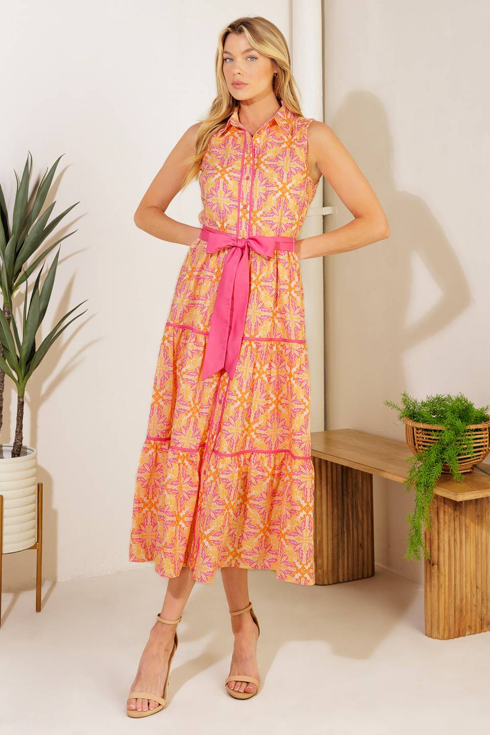 Stylish Orange & Pink Midi Dress for Women - Perfect for Park Outings, Picnics, and Summer Events | Flowy Casual Dress