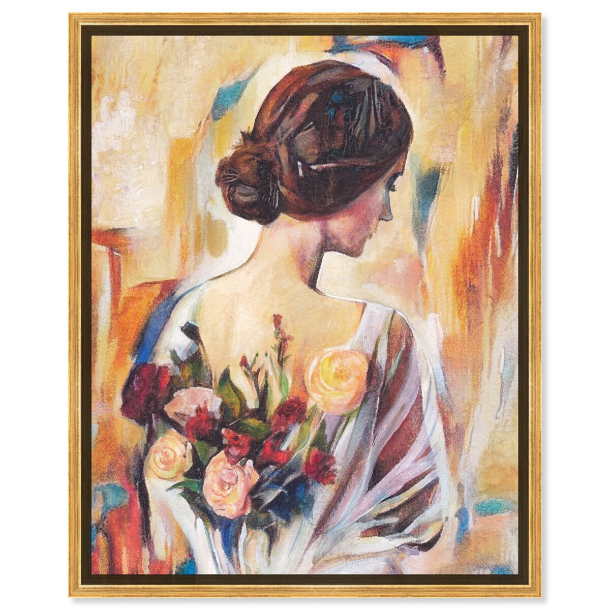 Modern White Framed Canvas Wall Art Print - Floral Back and Flowers Design for Women, Elegant Home Decor for Bedroom, Living Room & Office