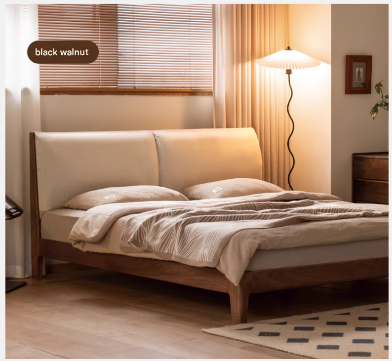 Solid Oak Wood Bed Frame with Soft Fabric Upholstered Headboard - Queen Size, Modern Minimalist Design for Bedroom, Guest Room, or Dorm