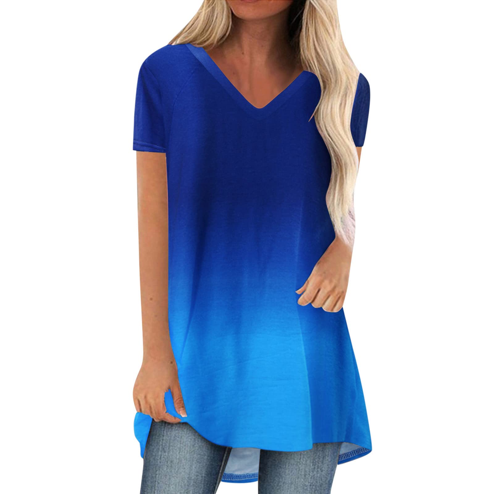 Tie Dye Tunic Tops for Women - Short Sleeve V-Neck Swing Tee Shirt with Gradient Print, Loose Fit Trendy Blouse to Wear with Leggings | Casual Outfits, Summer Fashion, Boho Style