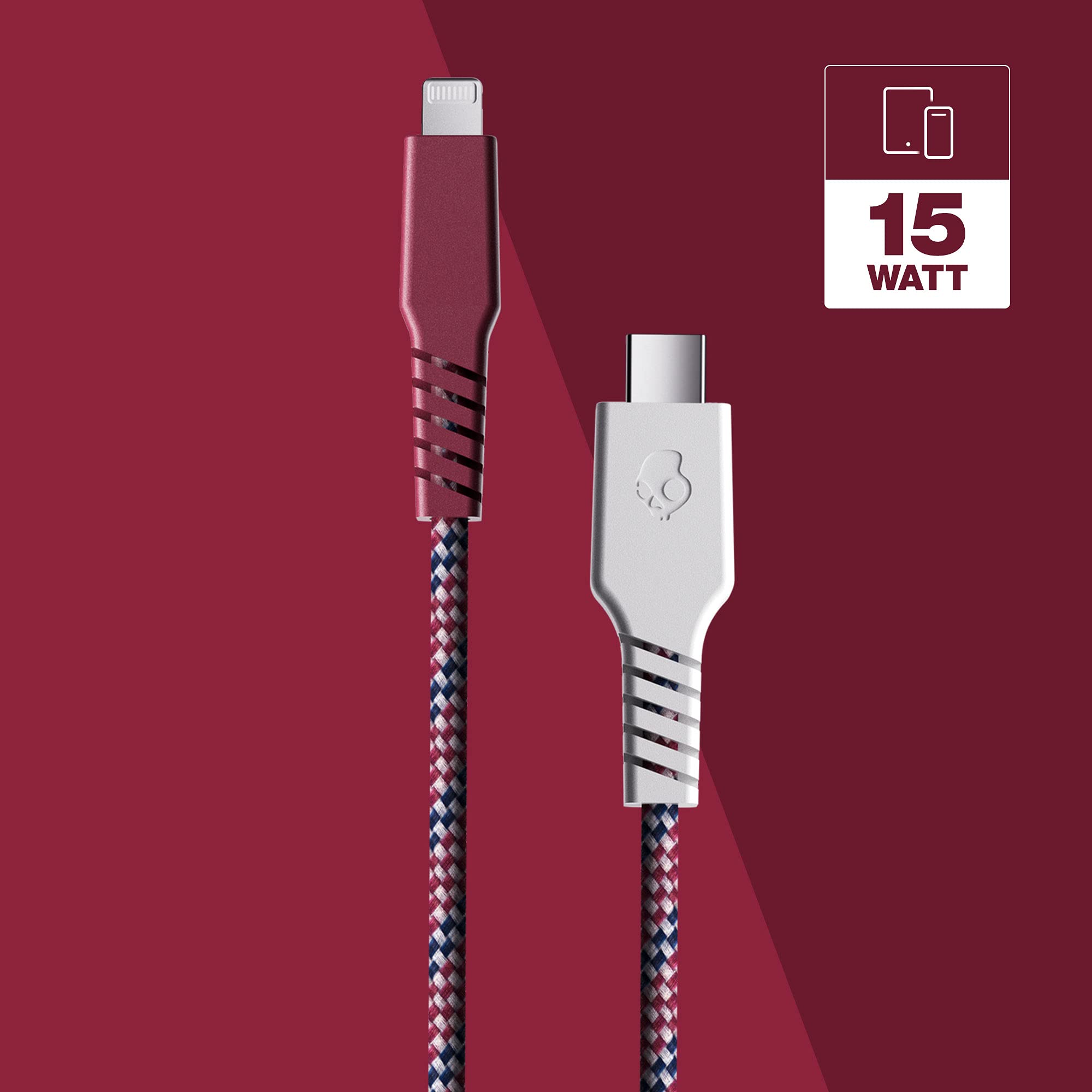 Skullcandy 6-Foot Braided USB-C to Lightning Cable - Durable Fast Charging Cord for iPhone (Vice/Crimson) | Perfect for Home, Office & Travel Charging