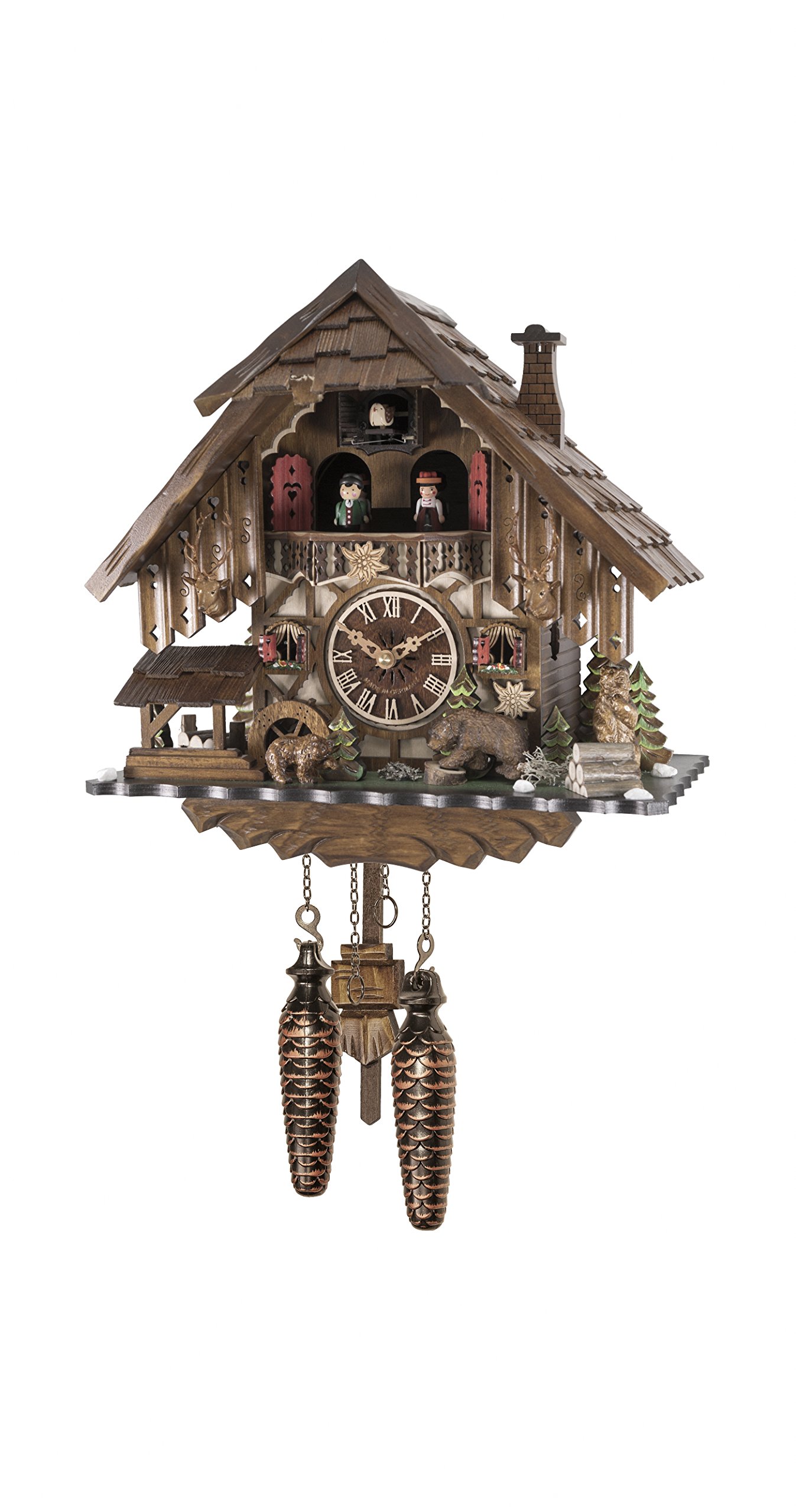 Engstler Hand Carved Cuckoo Clock - Forester's House with Moving Dancers & Bear - Traditional German Black Forest Wall Clock for Home & Office Decor