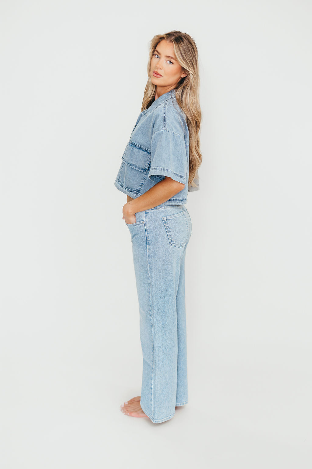 Carla 100% Cotton Chambray Cropped Shirt - Women's Casual Short Sleeve Button Down Top for Summer Outfits, Beach Wear & Boho Style