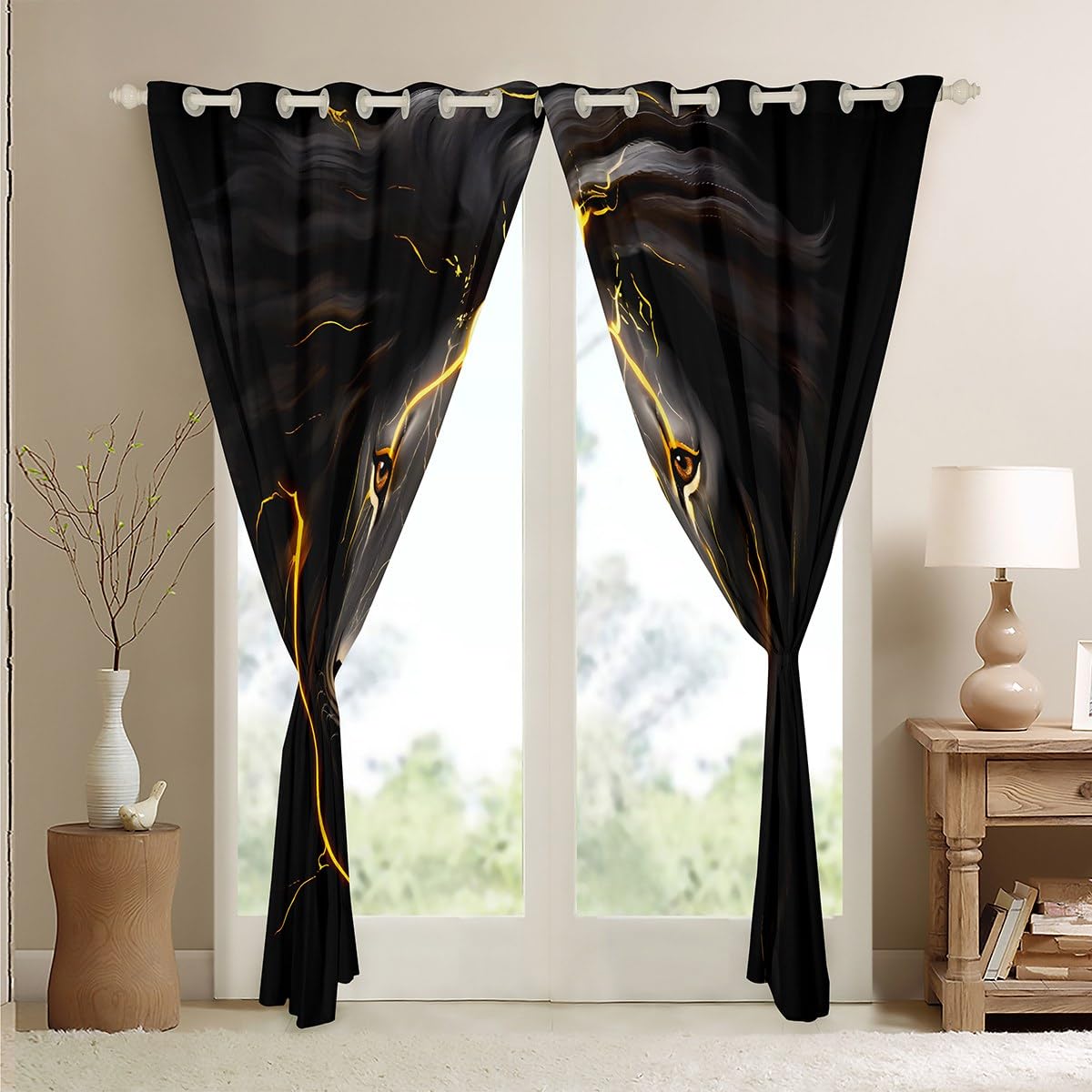Gold Lion Head Window Curtains - Black & Grey Safari Animal Drapes for Bedroom & Living Room - 2 Panels 52x96 Inches - Perfect for Boys, Teens & Men - African Wildlife Theme Home Decor for Jungle & Adventure Style Rooms