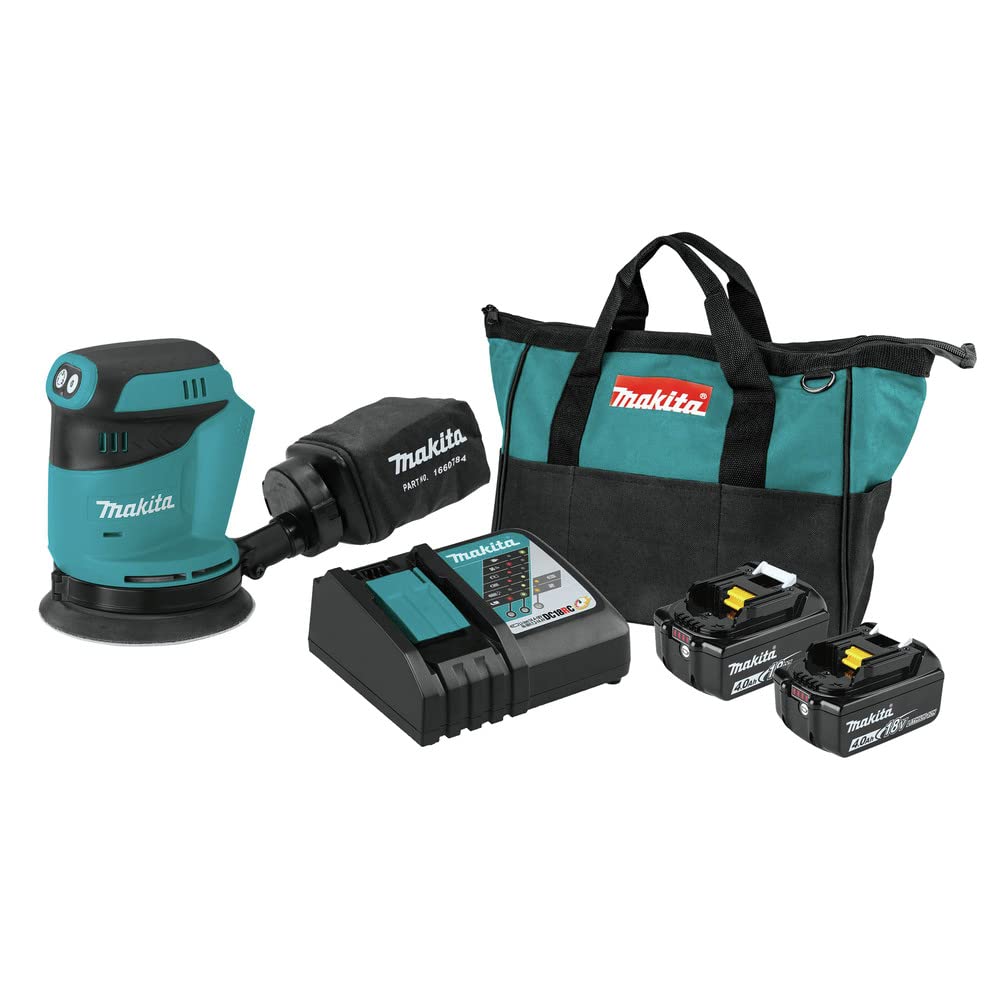 **Makita XOB01Z-BL1840BDC2 18V LXT Lithium-Ion Cordless Random Orbit Sander (5 Inch) with 2 Batteries & Rapid Optimum Charger (4 Ah) - Perfect for Woodworking, Sanding, and DIY Projects**
