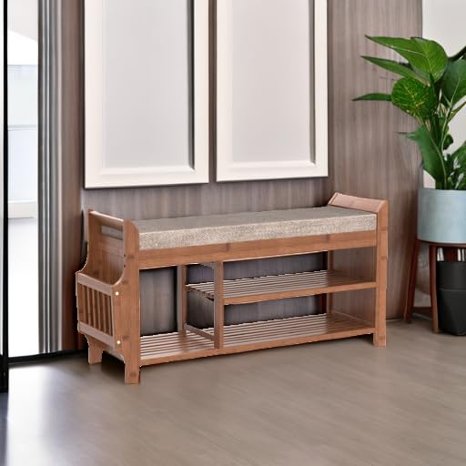 39.4 Inch Bamboo Shoe Bench with Hidden Storage Drawer & Side Holder - 2-Tier Entryway Storage Bench with Cushion for Hallway, Living Room, Bedroom | Perfect for Small Space Organization & Shoe Storage Solutions