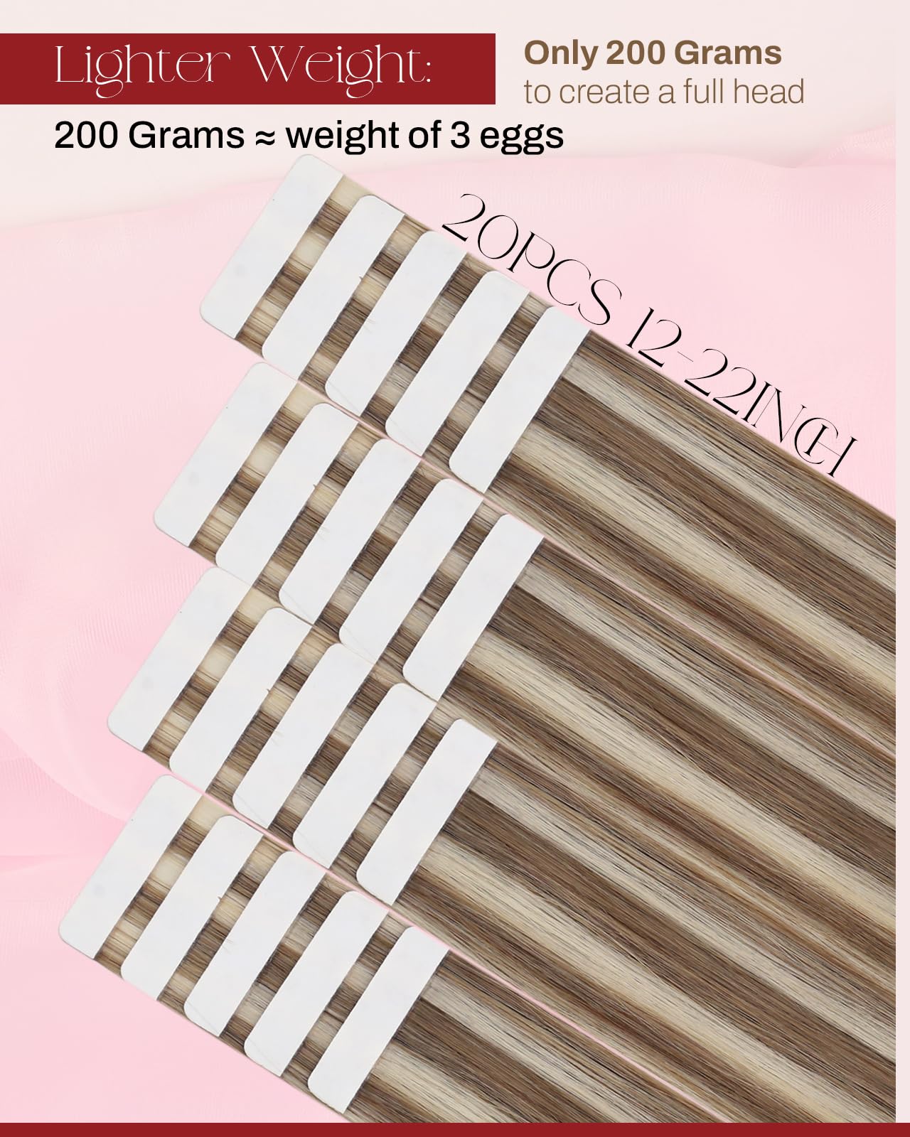 Premium Moresoo Tape-in Hair Extensions 12 Inch 40Pcs (60g) - 100% Human Hair in #9A Light Brown with Platinum Blonde Highlights | Short Hair Extensions for Volume & Length | Perfect for Parties, Weddings & Daily Styling