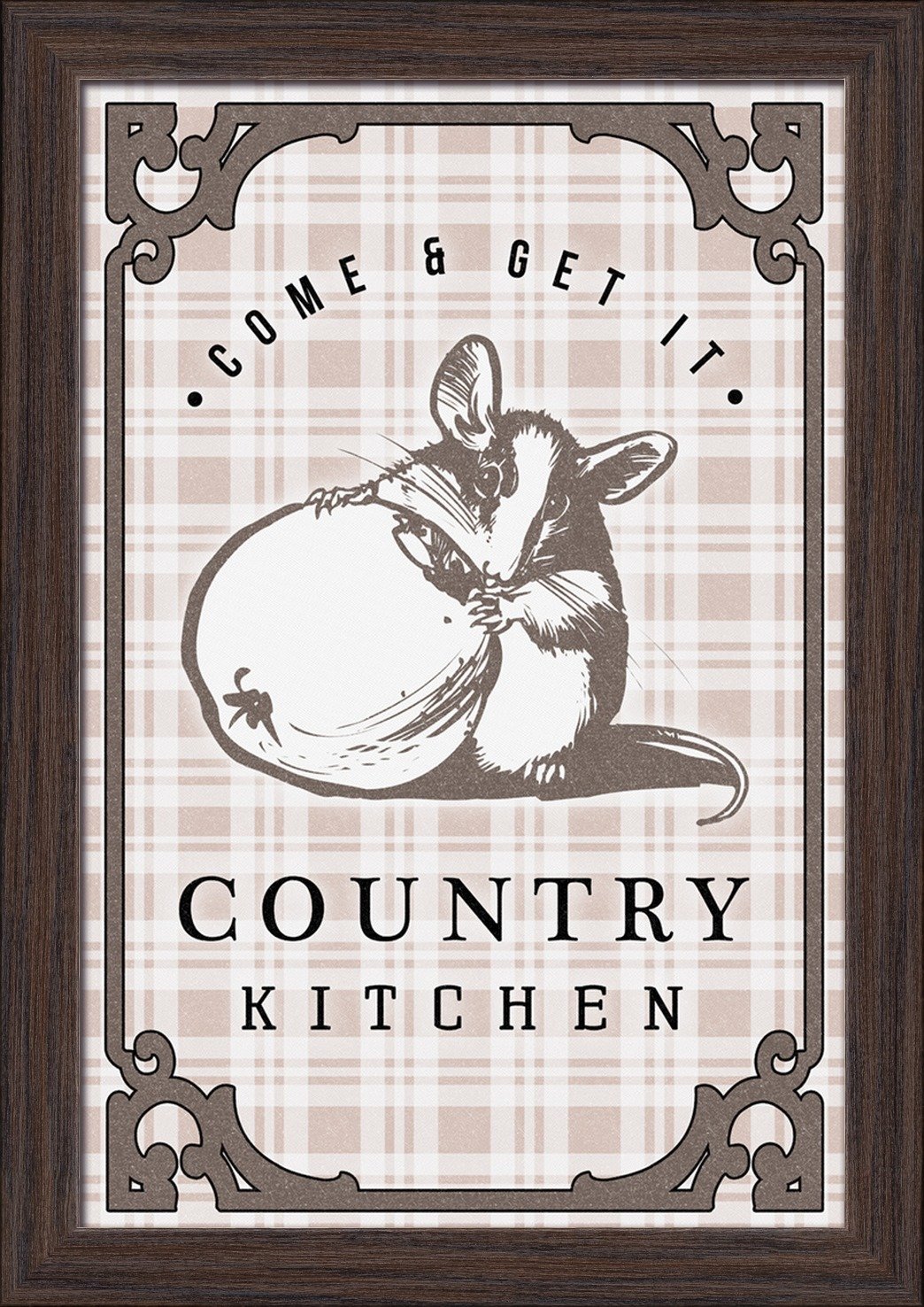 Country Kitchen Mouse on Plaid Wall Art - 12x18 Inch Giclee Fine Art Print with Recycled Wood Frame in Espresso Brown - Perfect for Farmhouse, Cottage & Rustic Home Decor