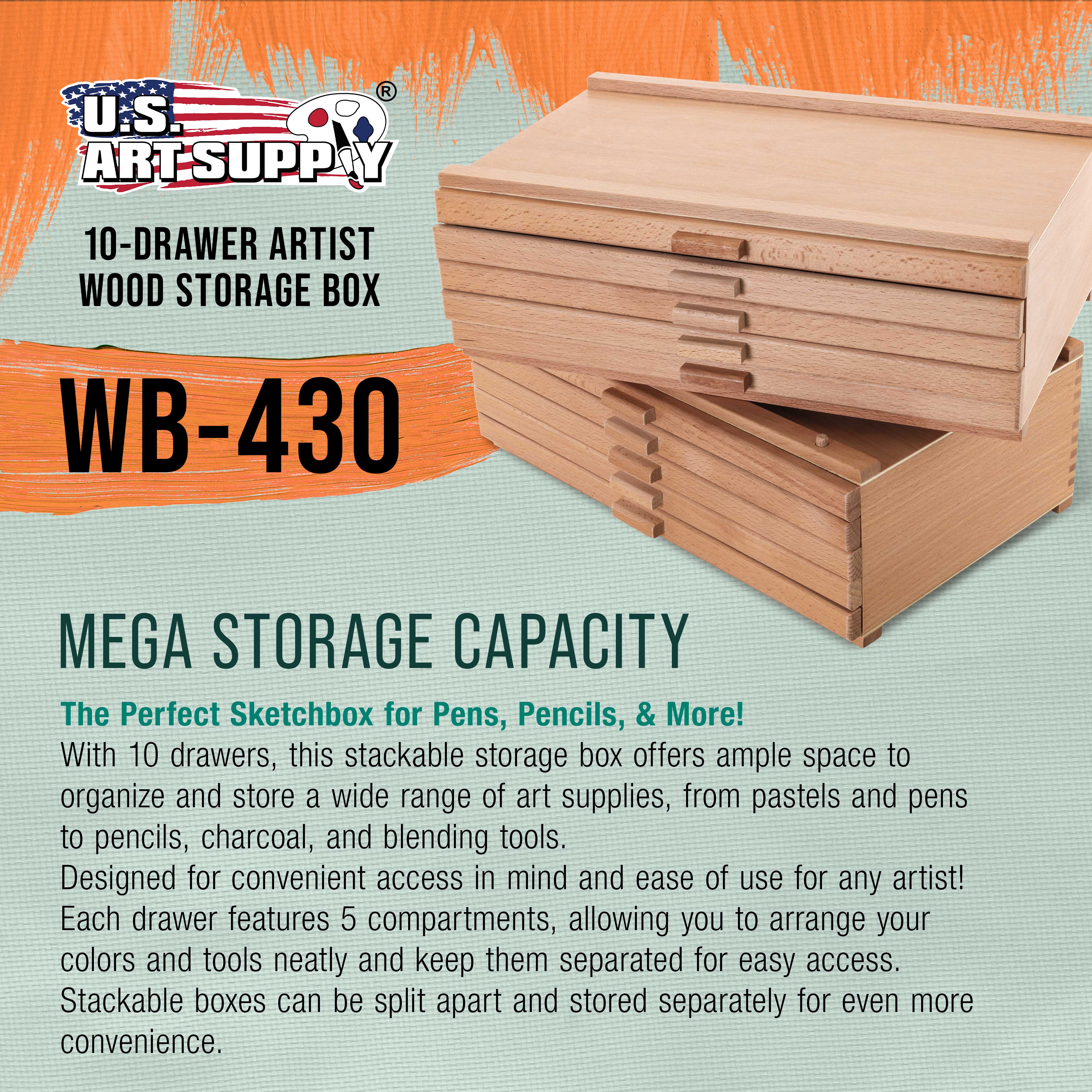 10-Drawer Stackable Wooden Art Supply Organizer - Elm Hardwood Storage Box for Pastels, Pens, Markers & Pencils - 5 Compartments per Drawer - Perfect for Artists, Students & Craft Rooms