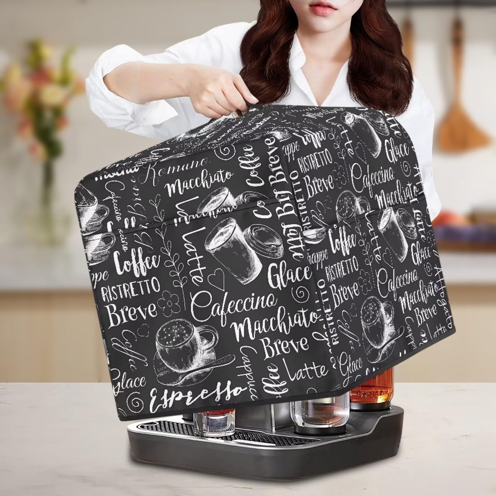 Premium Cocktail Maker Cube Dust Cover with Pockets - Machine Protector for Capsules & Accessories | Space-Saving Kitchen Organizer | Perfect for Home Bars, Parties & Coffee Stations (Coffee Black)