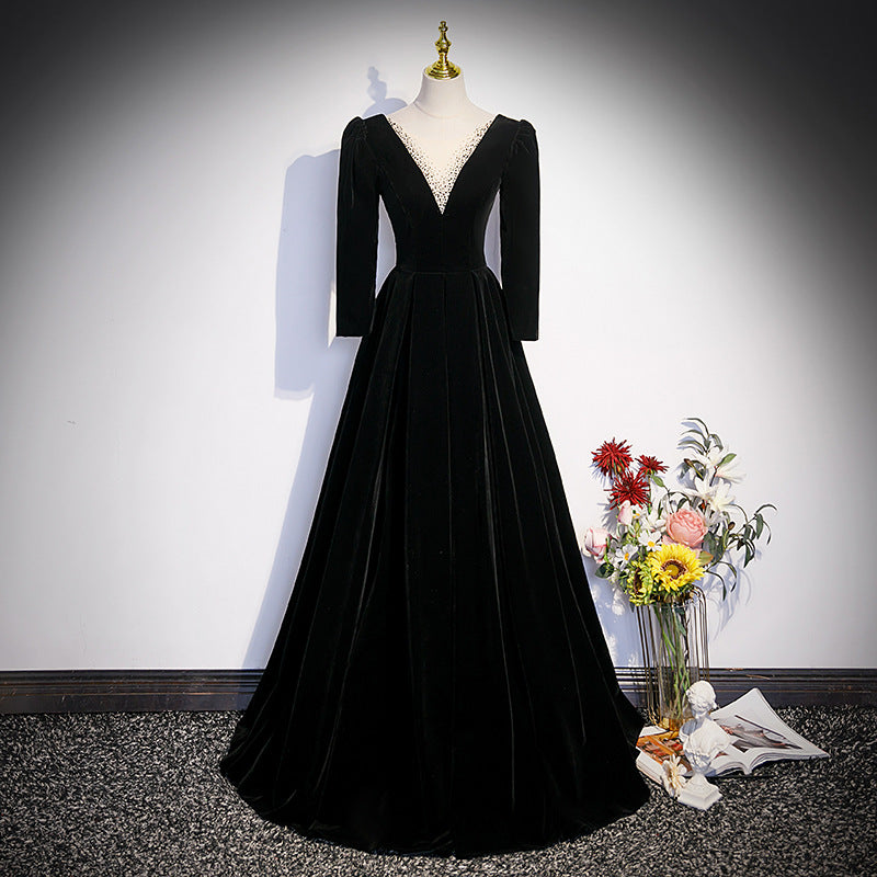 Elegant Black Velvet A-Line Prom Dress with V-Neck - Perfect for Evening Gala, Homecoming, and Formal Events