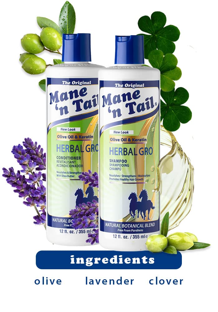 Mane 'n Tail Herbal Gro Shampoo & Conditioner Set - 12oz (355ml) with Olive Oil & Keratin for Hair Growth, Strength & Shine - Perfect for Damaged Hair & Scalp Care - Salon Quality for Men & Women