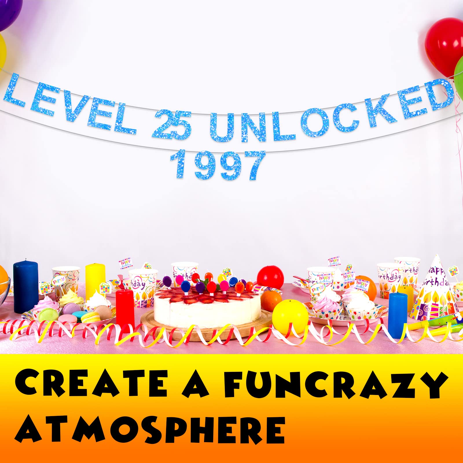Level 25 Unlocked Glitter Blue Birthday Banner - 25th Anniversary Backdrop for Video Game Themed Parties | Perfect Decor for Men & Women's 25th Birthday, Photo Booth Props & Level Up Celebration Background (1997 Retro Gaming Theme)