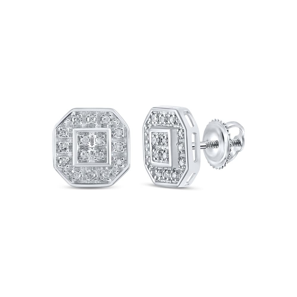 10K White Gold Women's Round Diamond Octagon Cluster Earrings - 1/10 CTTW | Elegant Stud Earrings for Parties, Weddings & Everyday Wear