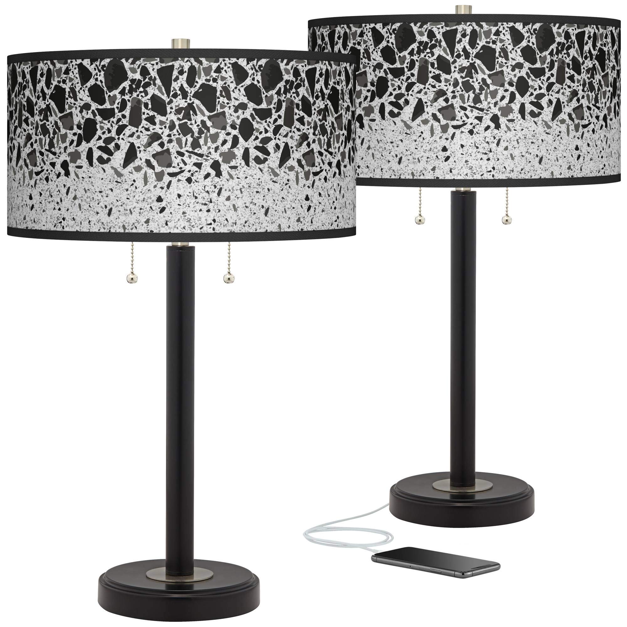 Terrazzo Arturo Black Bronze USB Table Lamps Set of 2 with Printed Fabric Shade - Modern Bedside Lighting for Bedroom, Office & Living Room