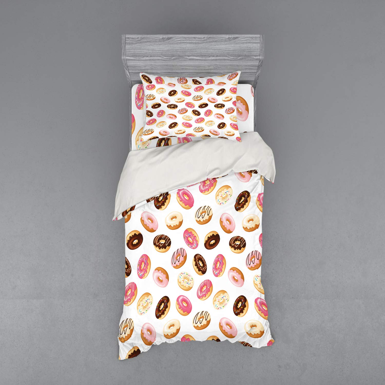 Ambesonne 3-Piece Donut Print Bedding Set - Twin Size Duvet Cover with Sham & Fitted Sheet, American Classic Breakfast Fast Food Dessert Design, Colorful Donut Art for Kids & Teens Bedroom Decor