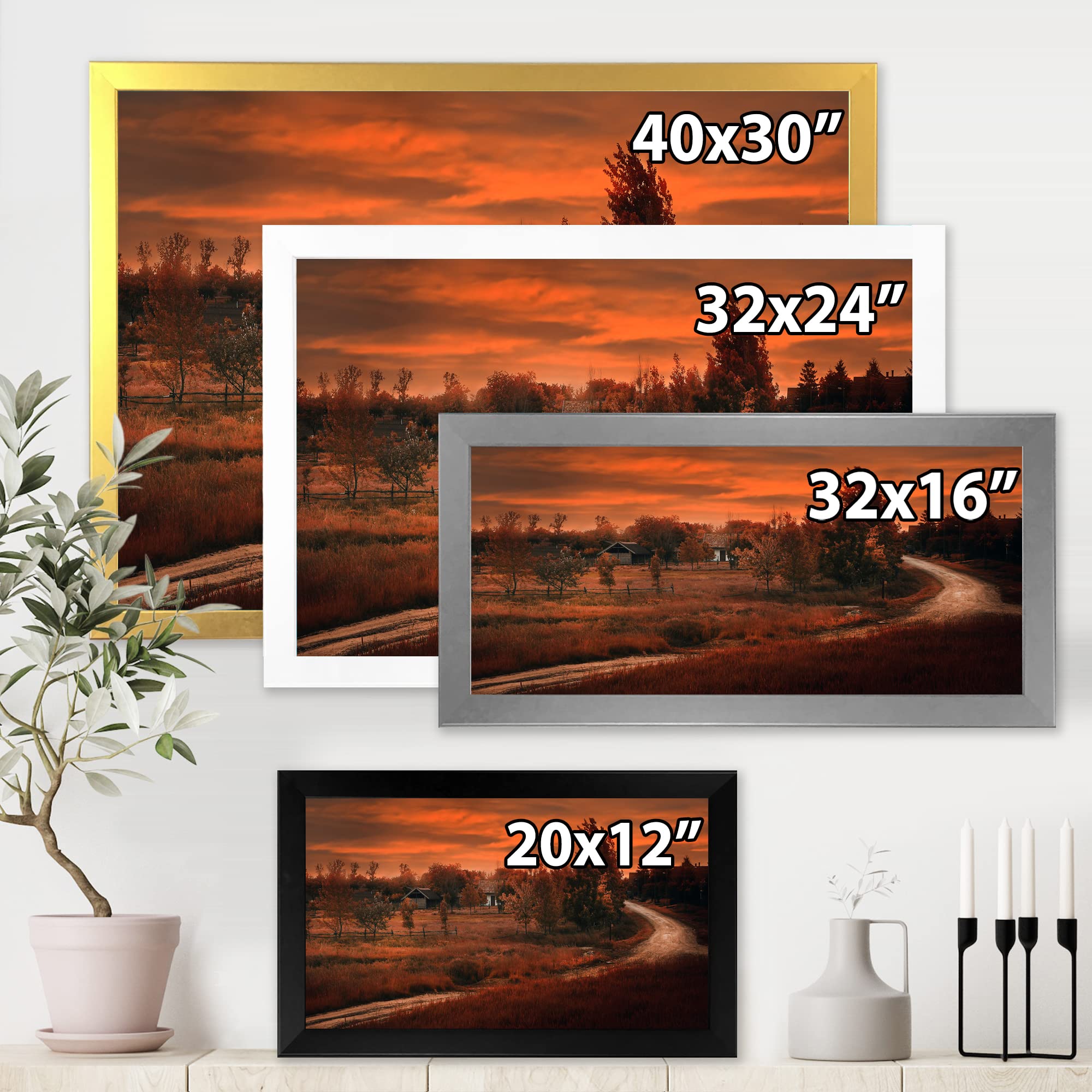 Dark Pink Sunset Over The Road By The Farm - Farmhouse Framed Wall Art Decor for Living Room, Bedroom & Office - Rustic Countryside Landscape Painting