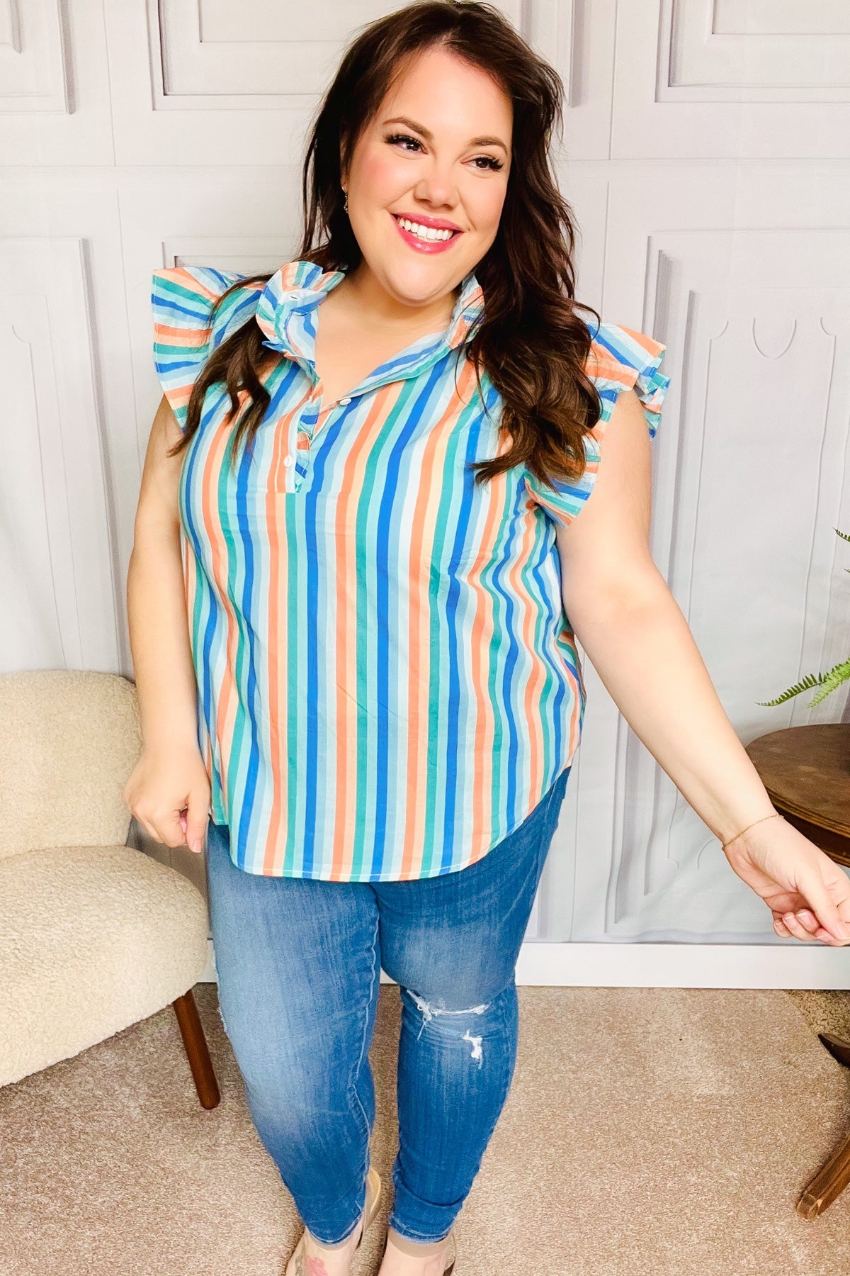 Happy Thoughts Sky Blue Striped Frill Button Down Blouse for Women - Casual Office Wear & Spring Summer Fashion Outfits
